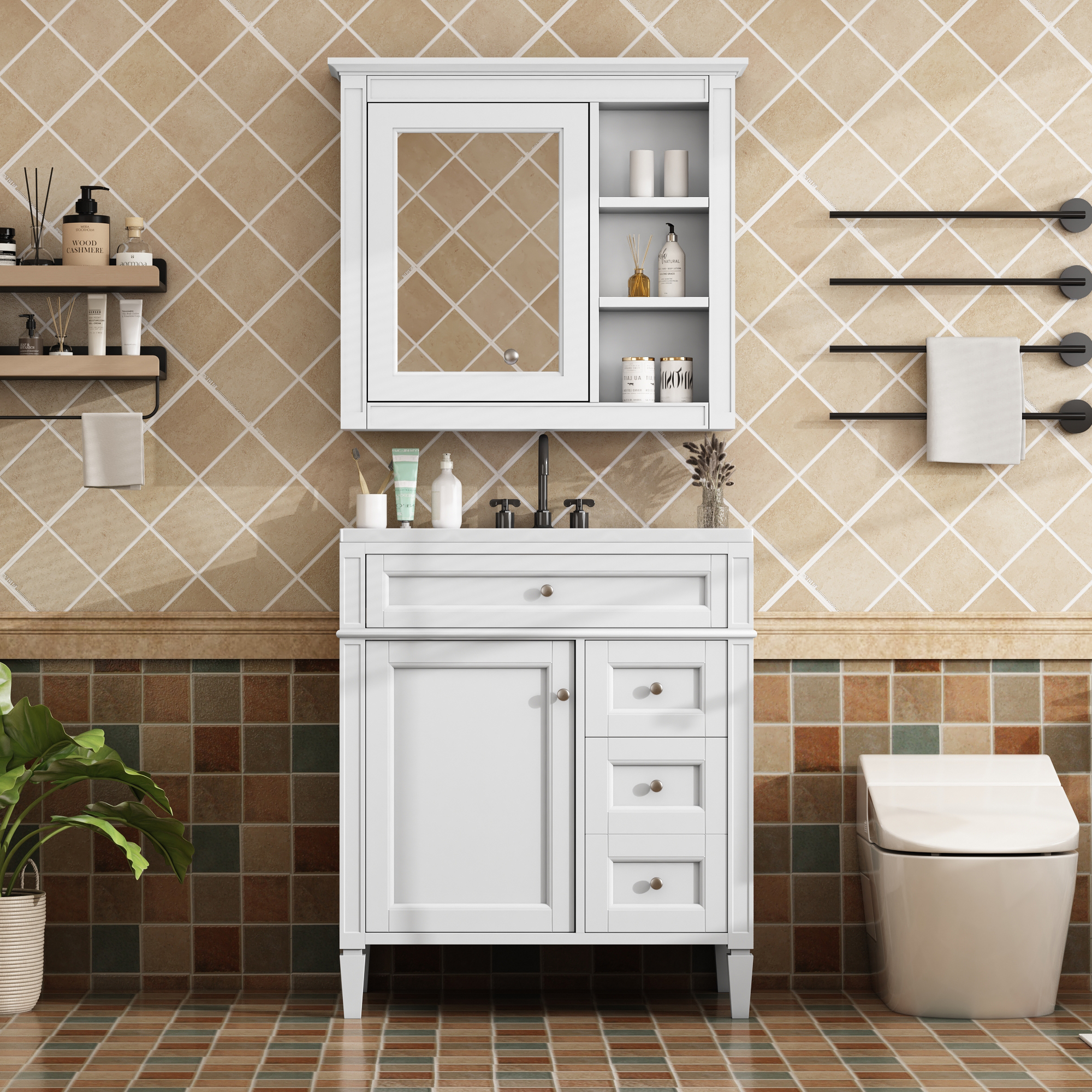 Meuble lavabo salle de bain 30 po, 2 tiroirs, miroir