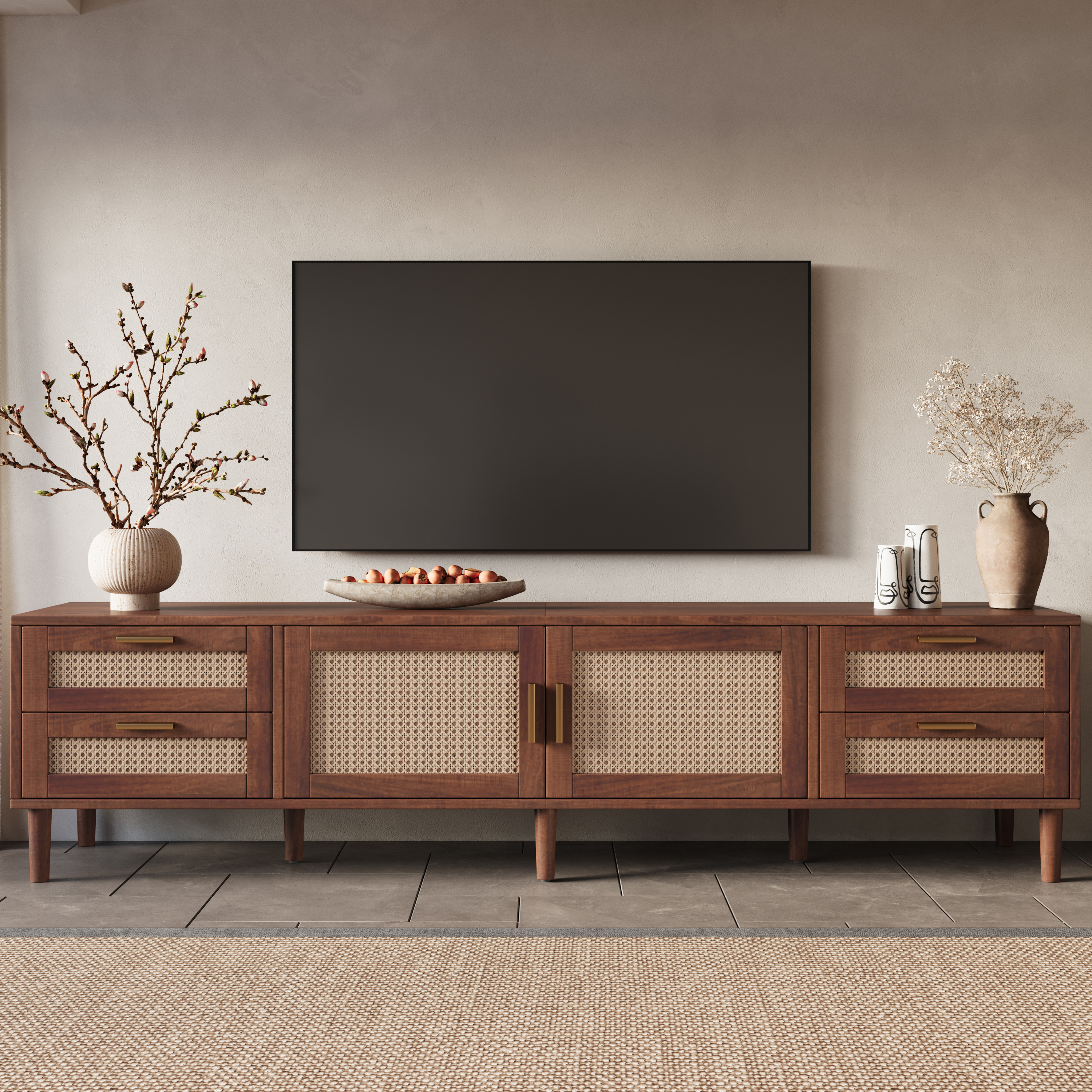 Meuble TV 78", 4 tiroirs, bois massif, salon moderne