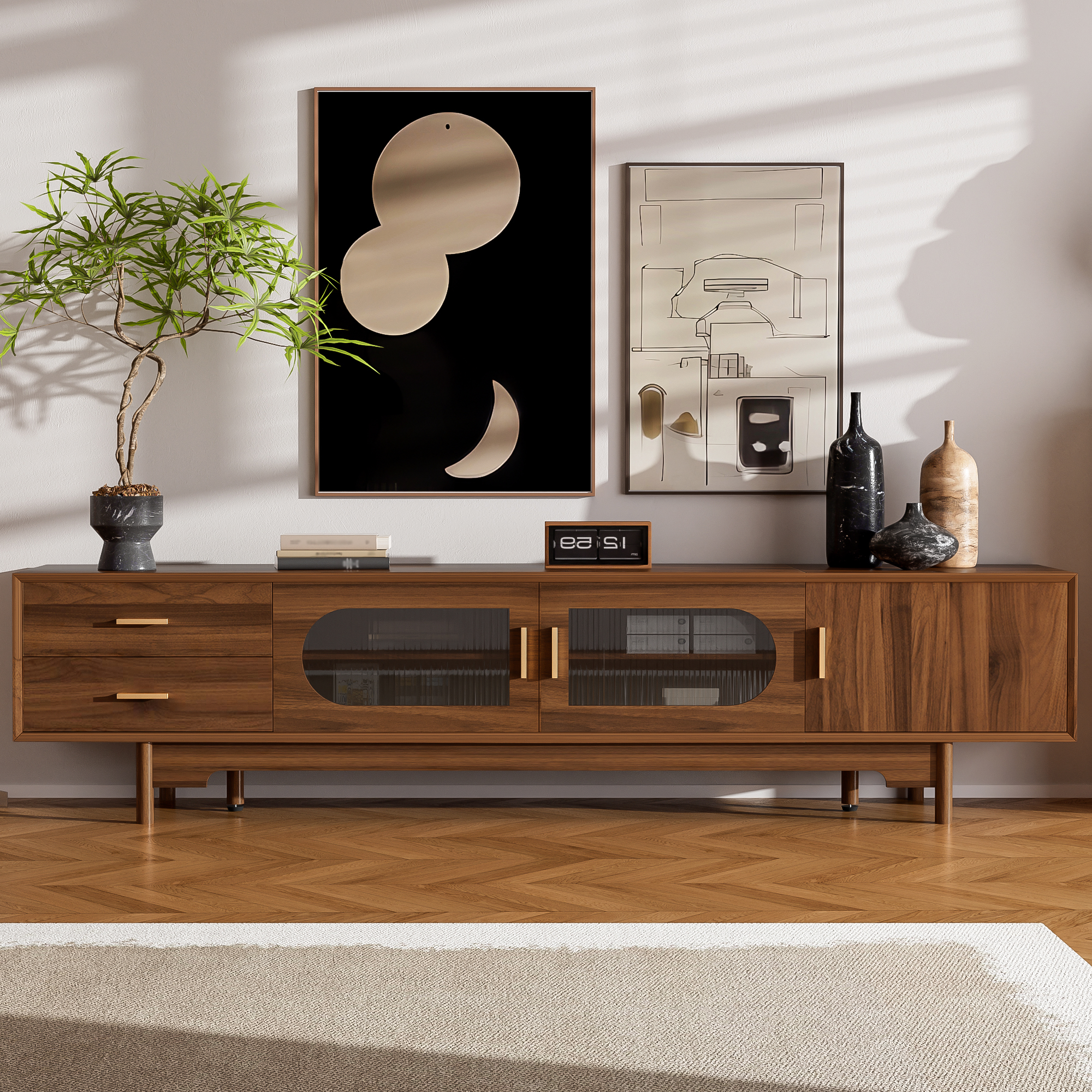 Meuble TV 78" portes verre cannelé bois massif