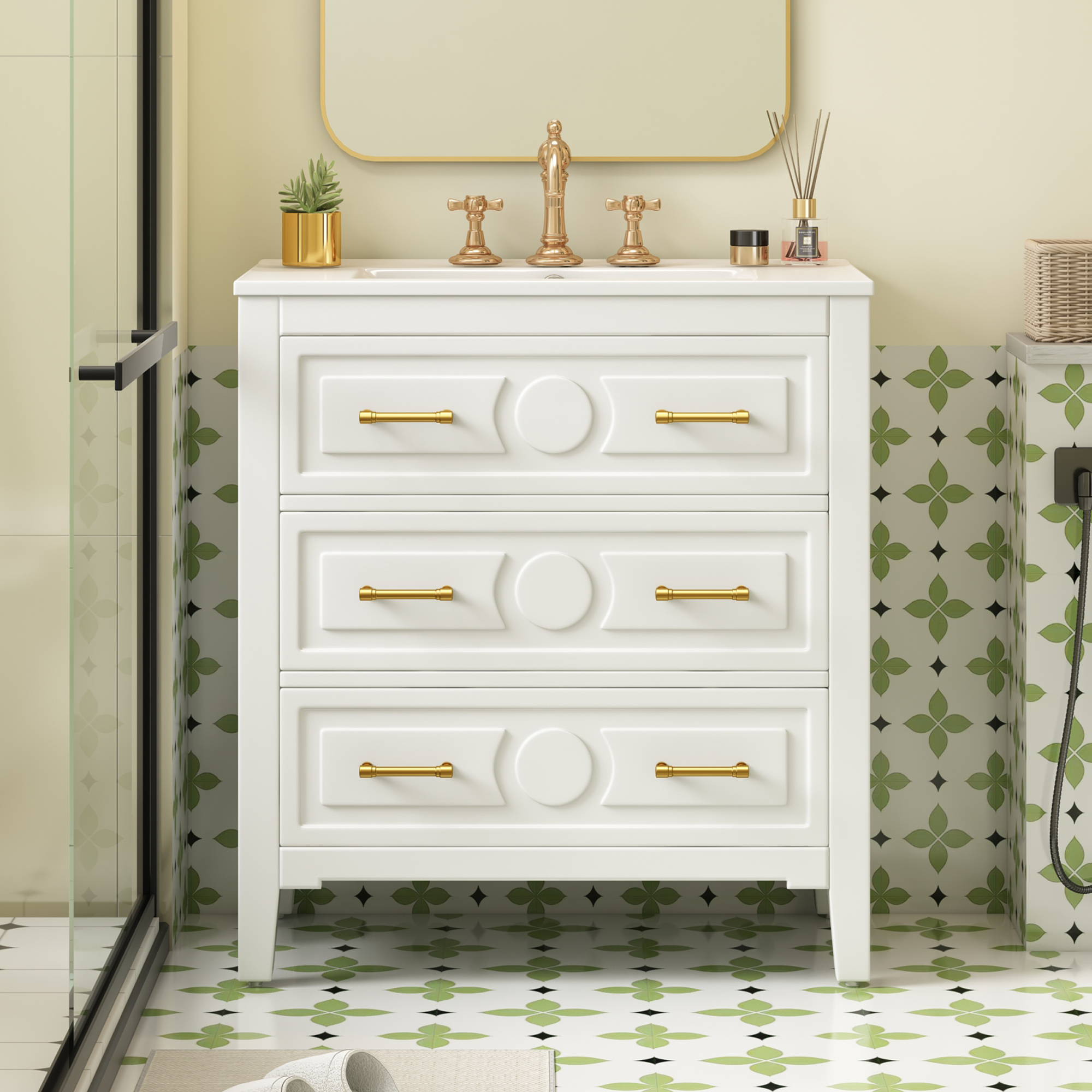 Meuble vanité 30 po, céramique, 3 tiroirs, blanc, bois massif