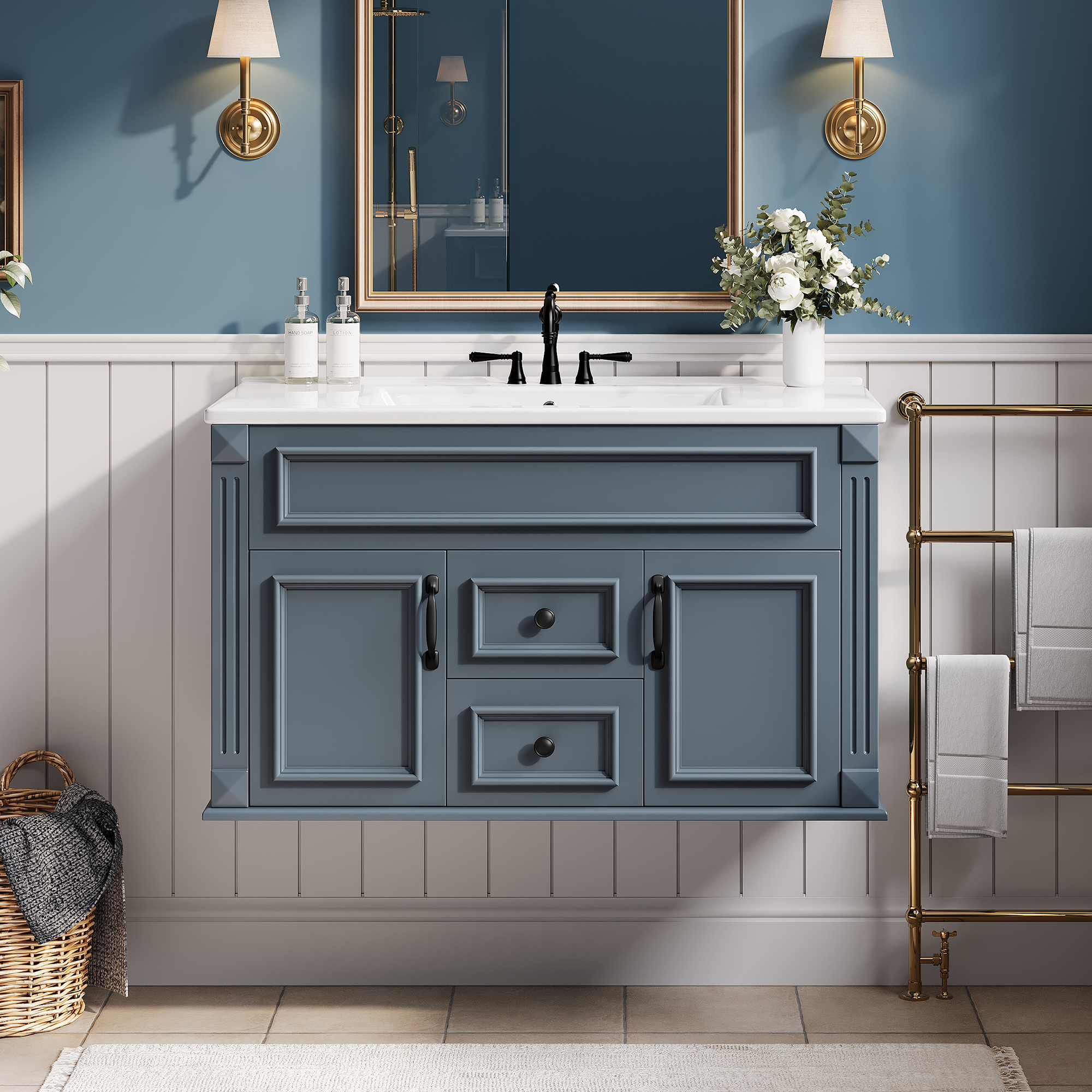 Meuble salle bain mural 36po, style français simple, fermeture douce