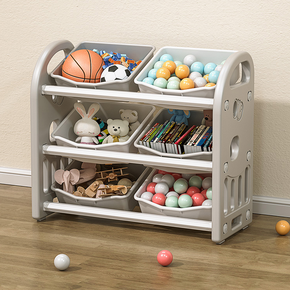 Organiseur jouets enfants 6 bacs gris meuble rangement