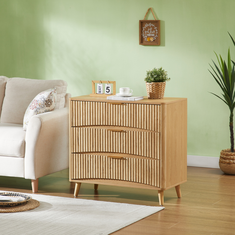 Commode 3 tiroirs chêne, design rétro mid-century, bois massif, poignées métal