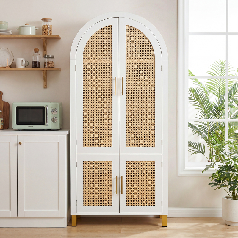 Armoire rattan blanc 71po 4 portes, ferme style, étagères