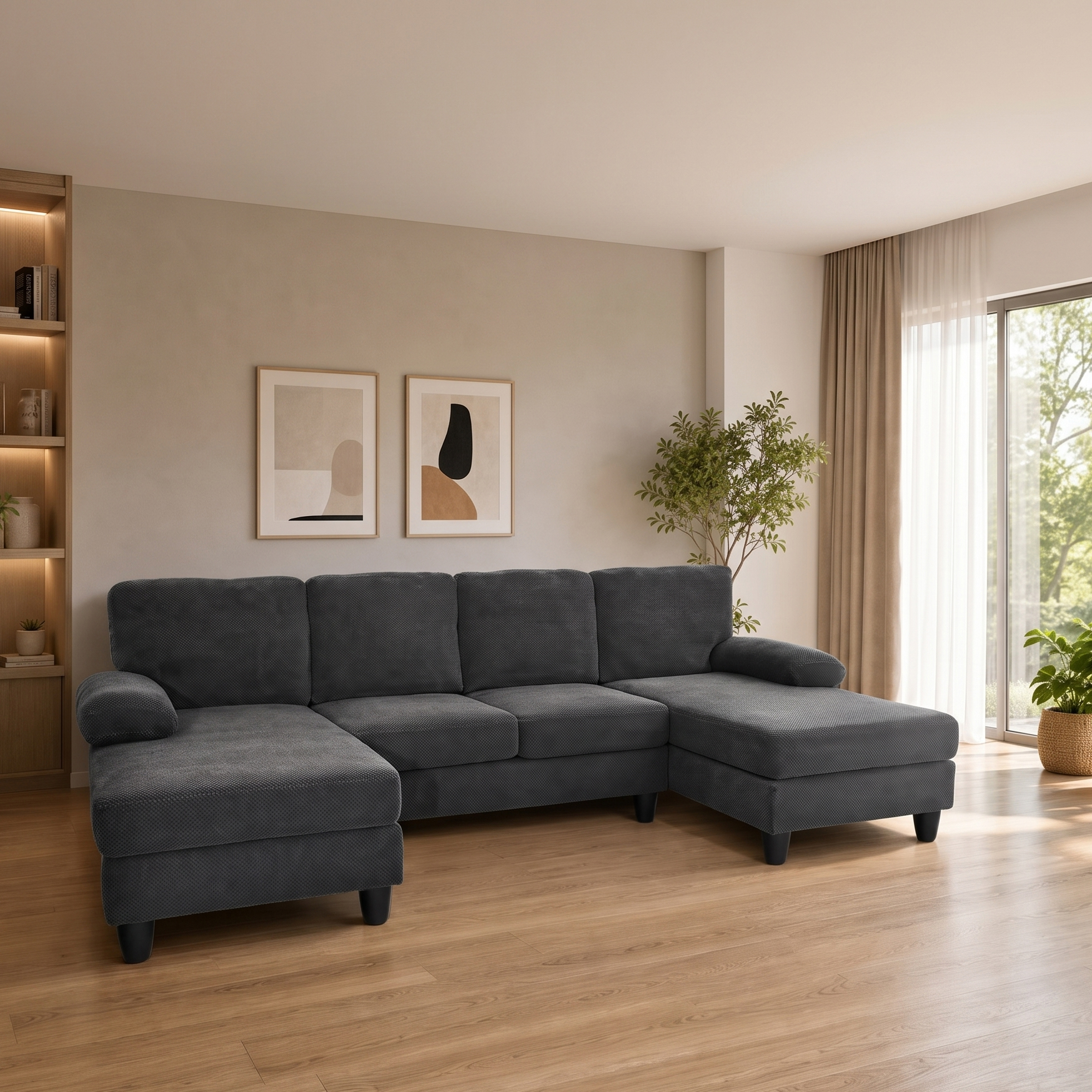 Canapé U velours texturé - Design chaise double, accoudoirs rembourrés