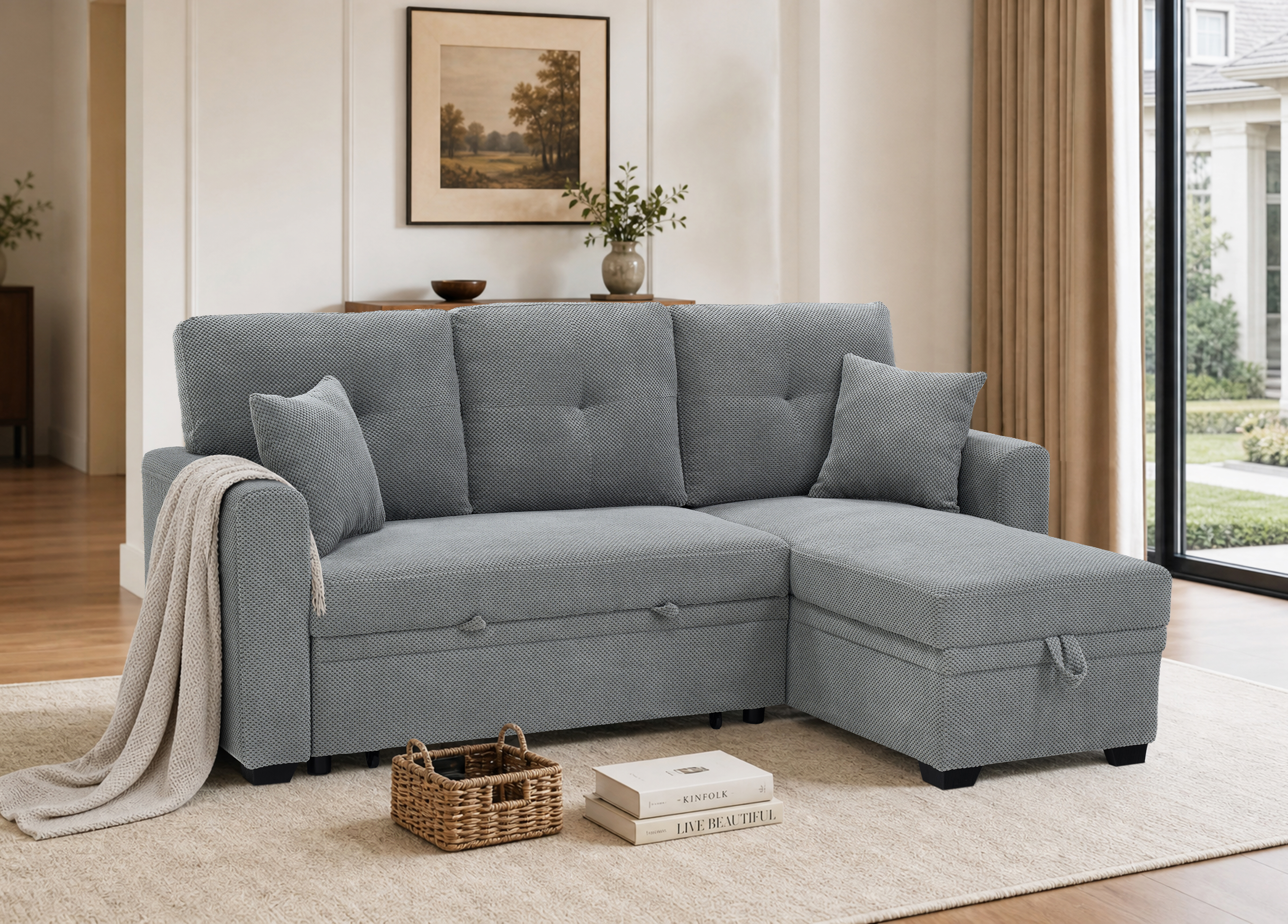 Sofa convertible sectionnel lit, méridienne réversible, gris clair