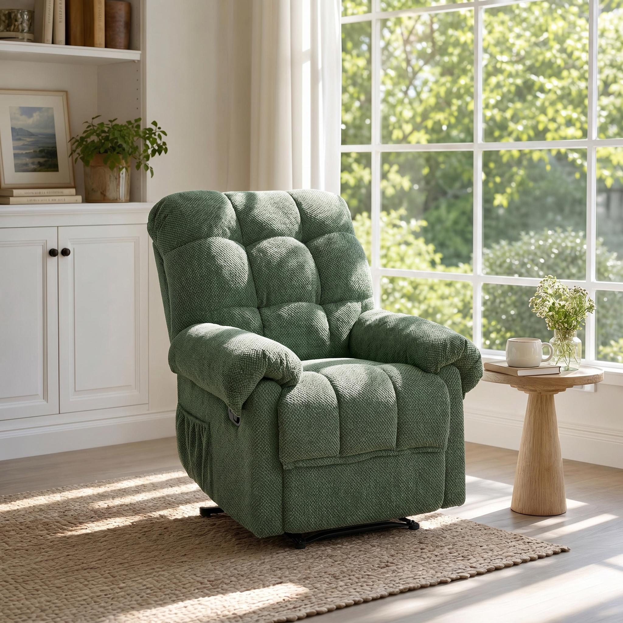 Fauteuil inclinable vert, rembourré, tissu doux