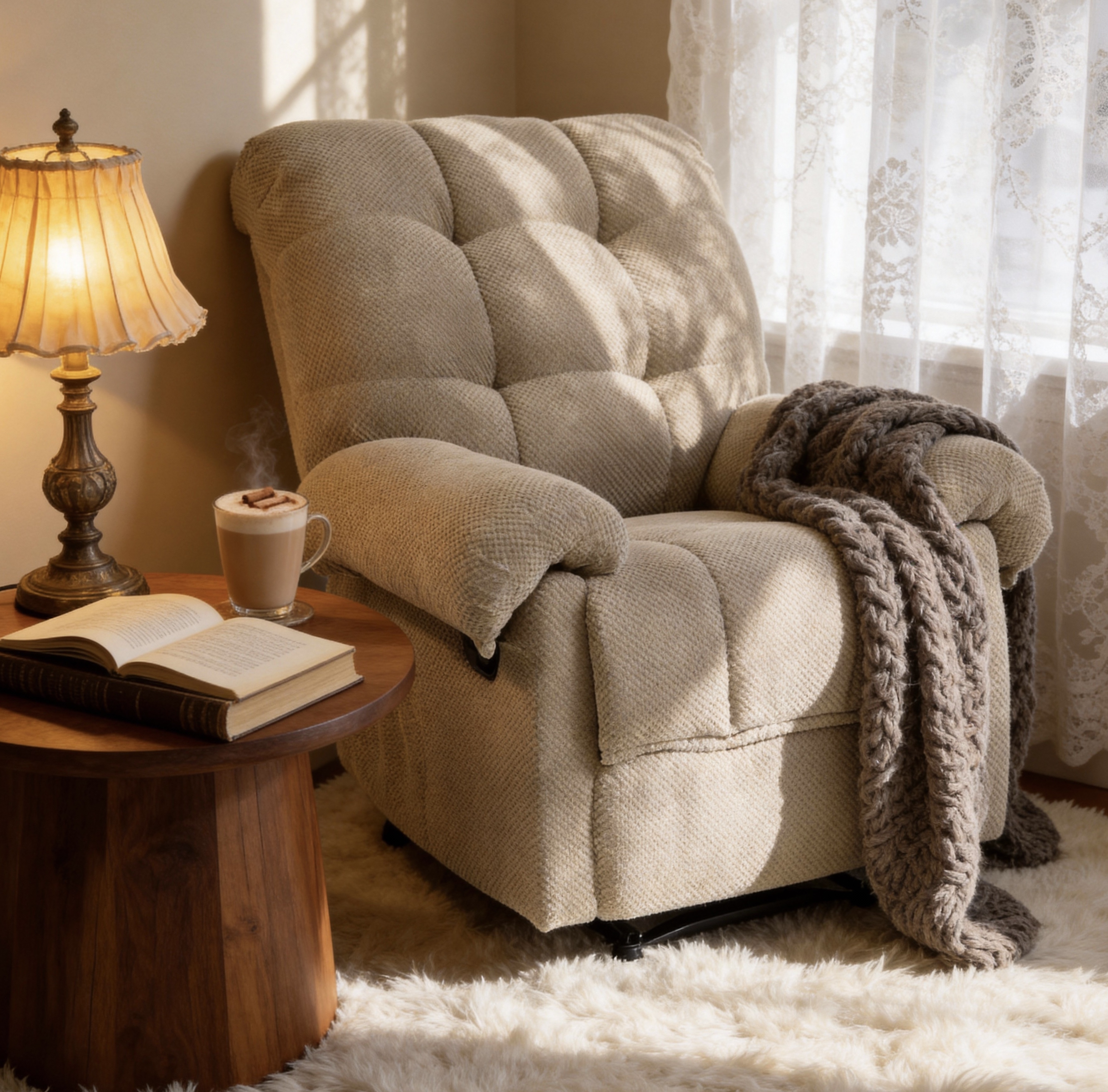 Fauteuil inclinable camel surembourré manuel salon lecture ergonomique tissu