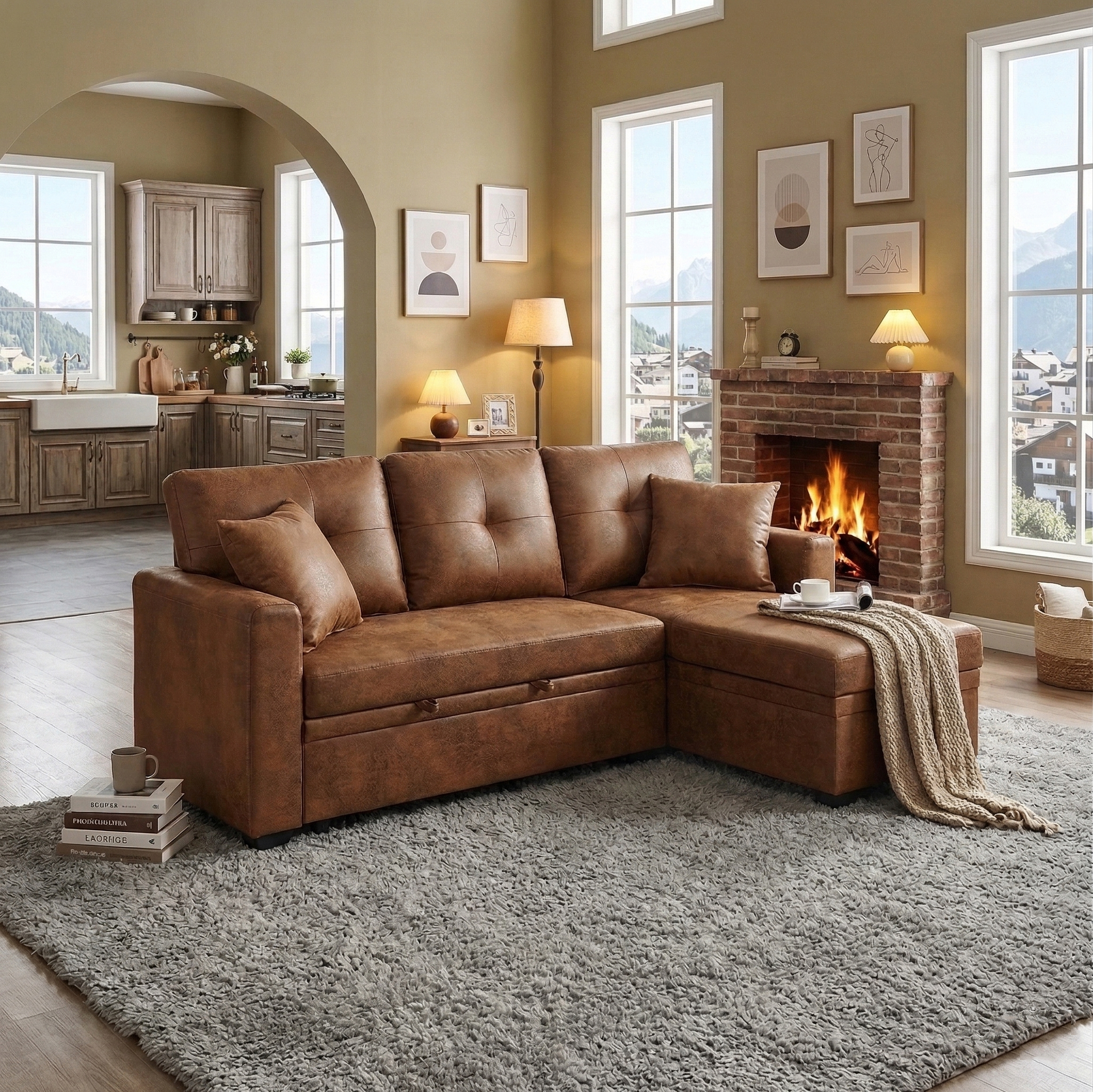 Sofa convertible sectionnel lit, méridienne réversible, brun clair