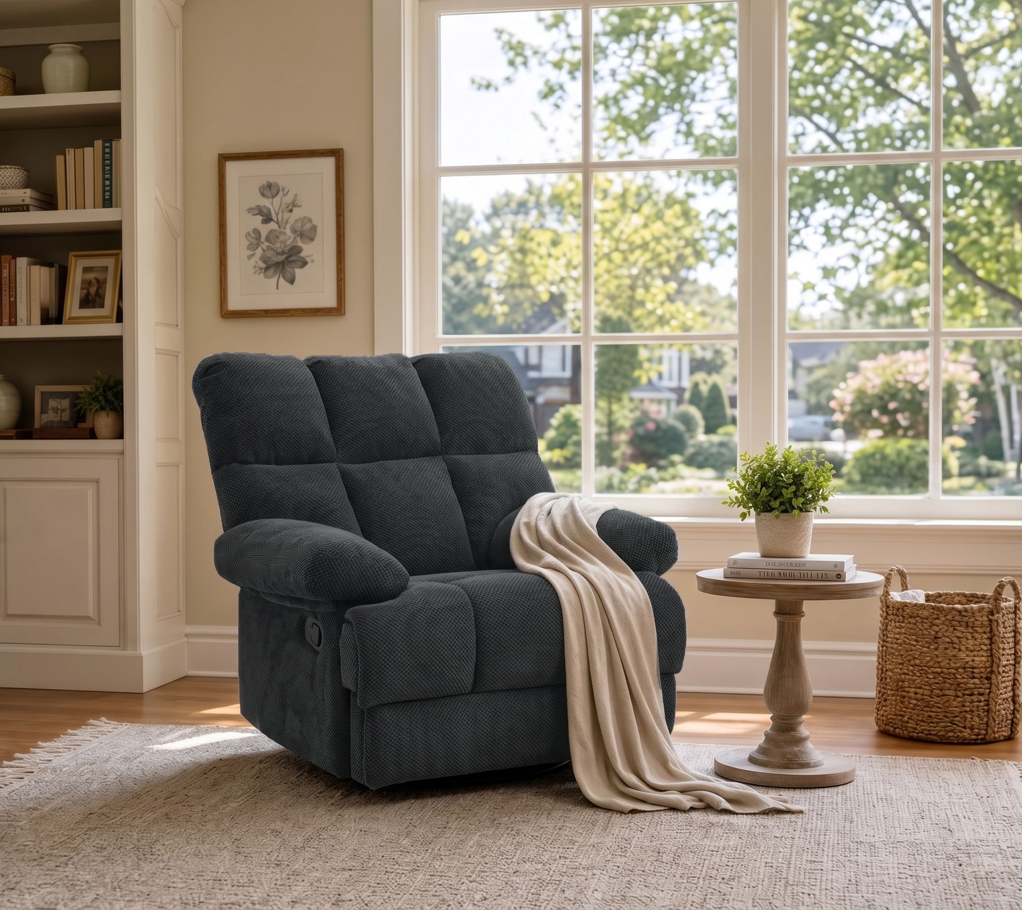 Fauteuil bascule manuel moderne, tissu texturé, salon
