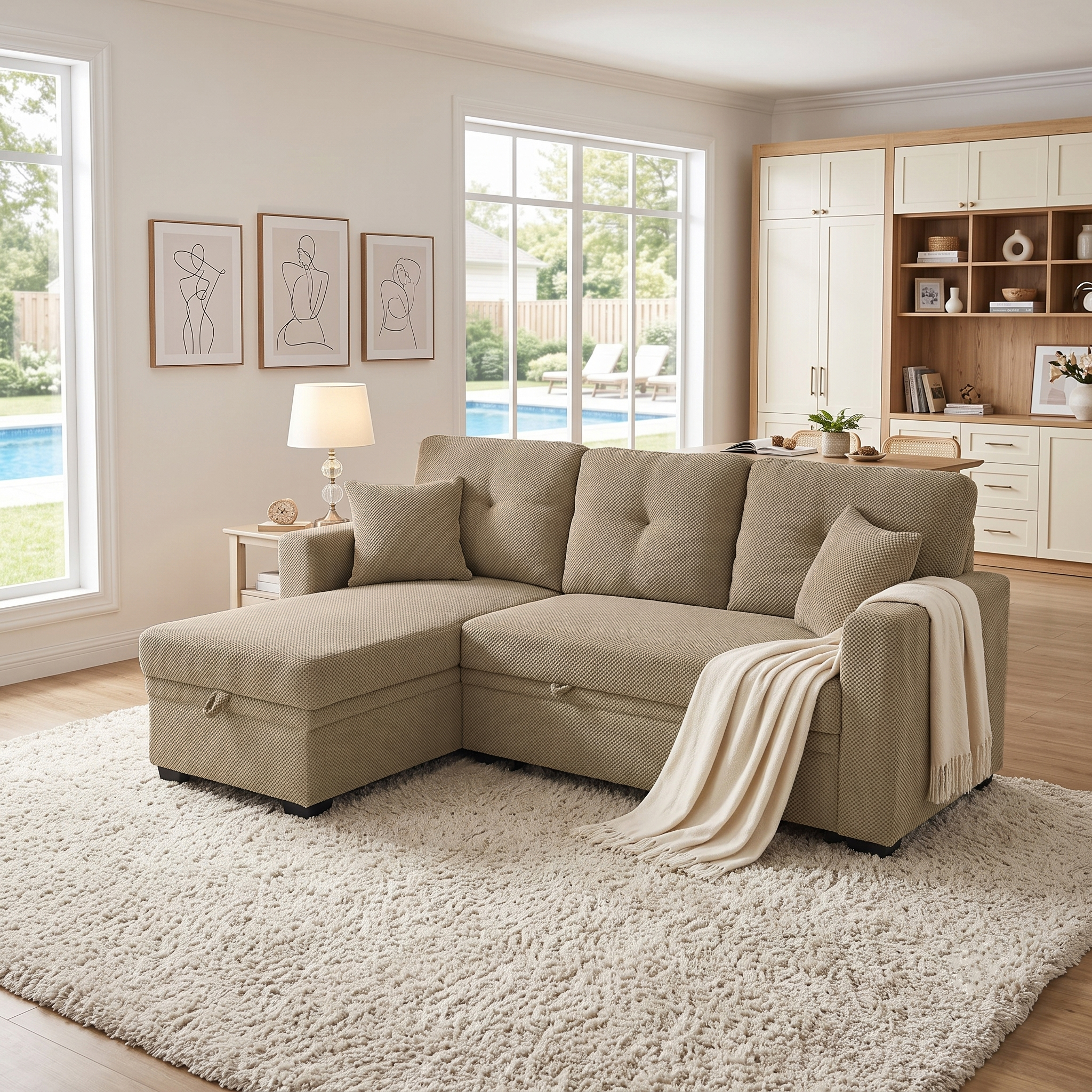 Sofa convertible sectionnel lit, méridienne réversible, gris clair