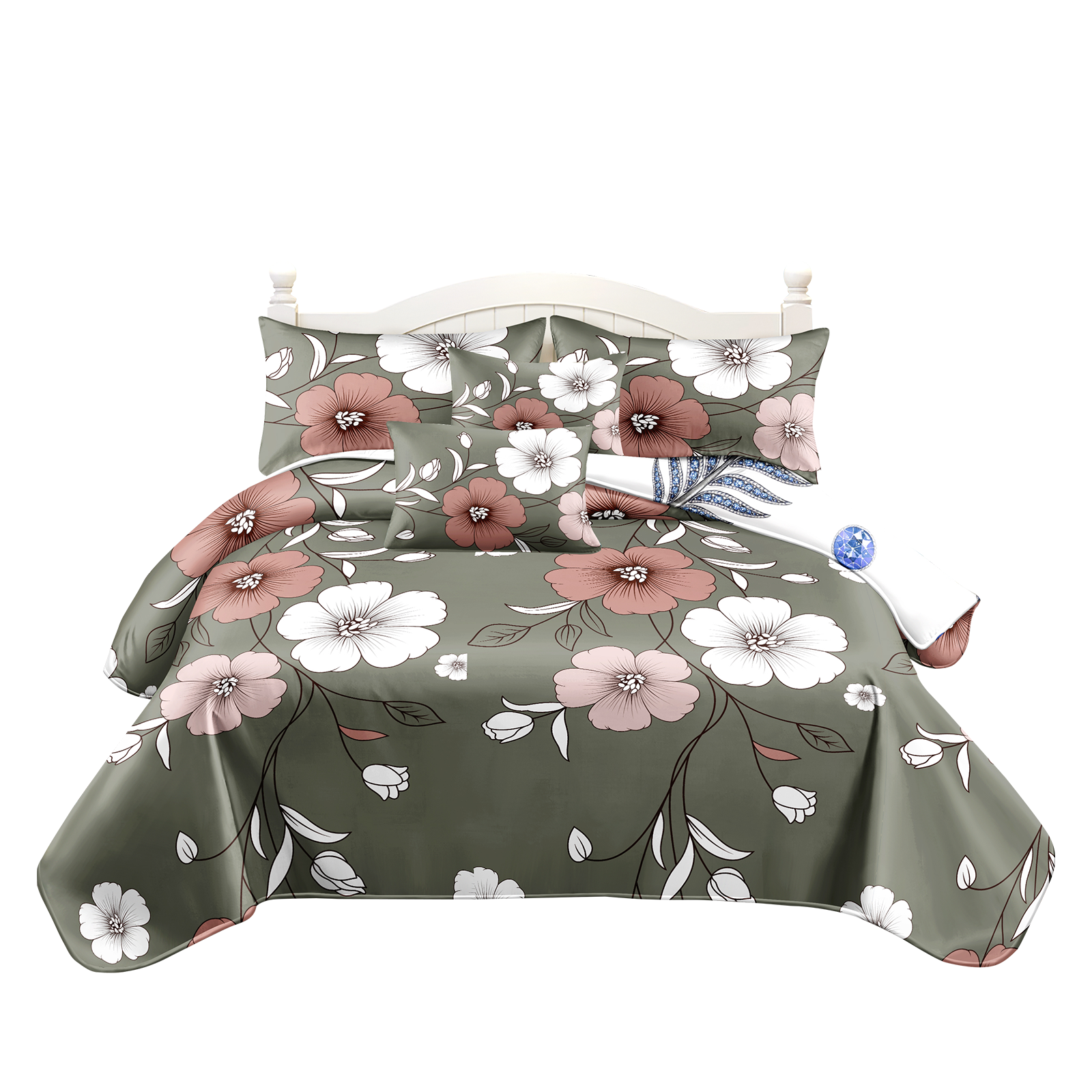 Ensemble couette réversible 5 pièces vert sauge floral