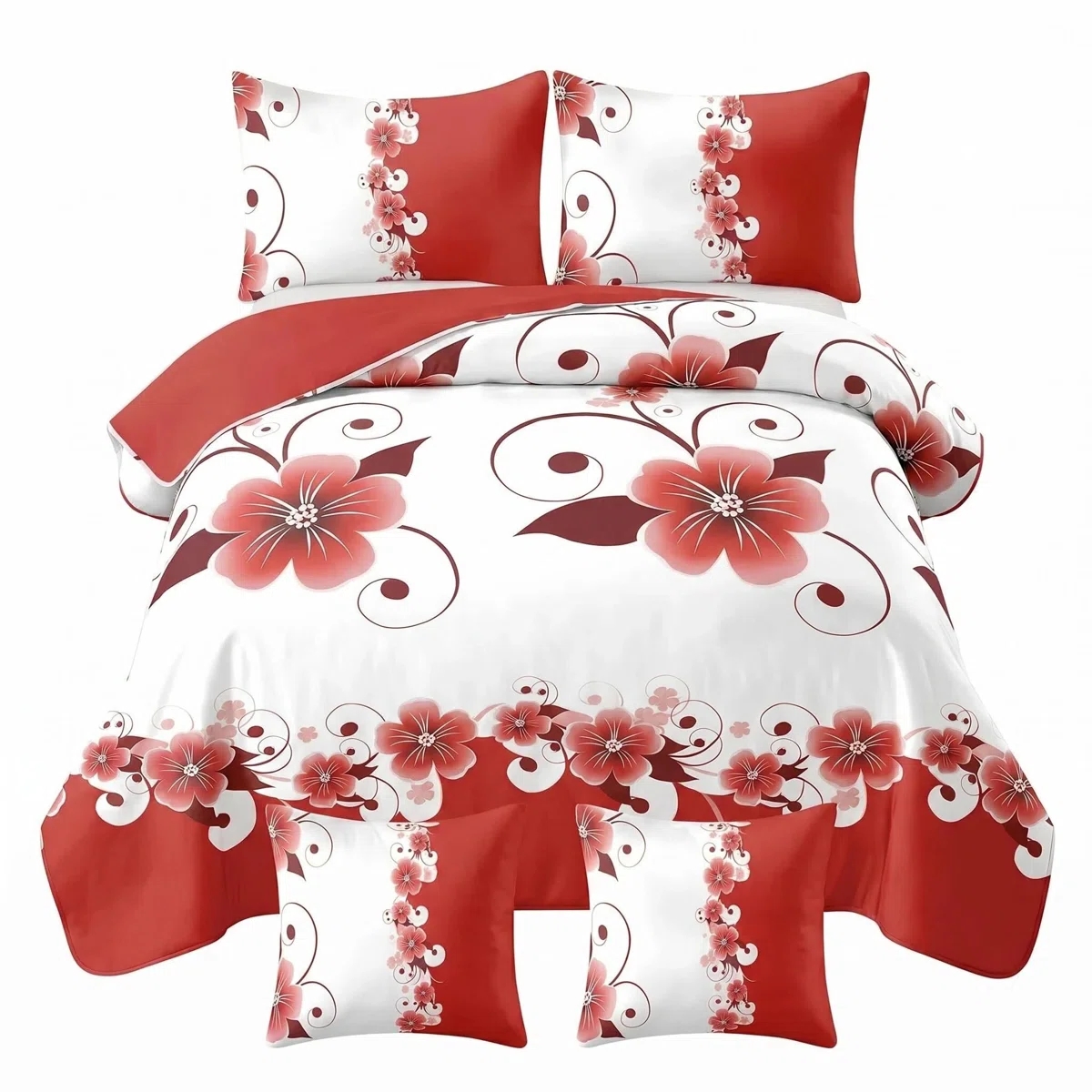 Ensemble couette 5 pièces rouge blanc floral réversible lin