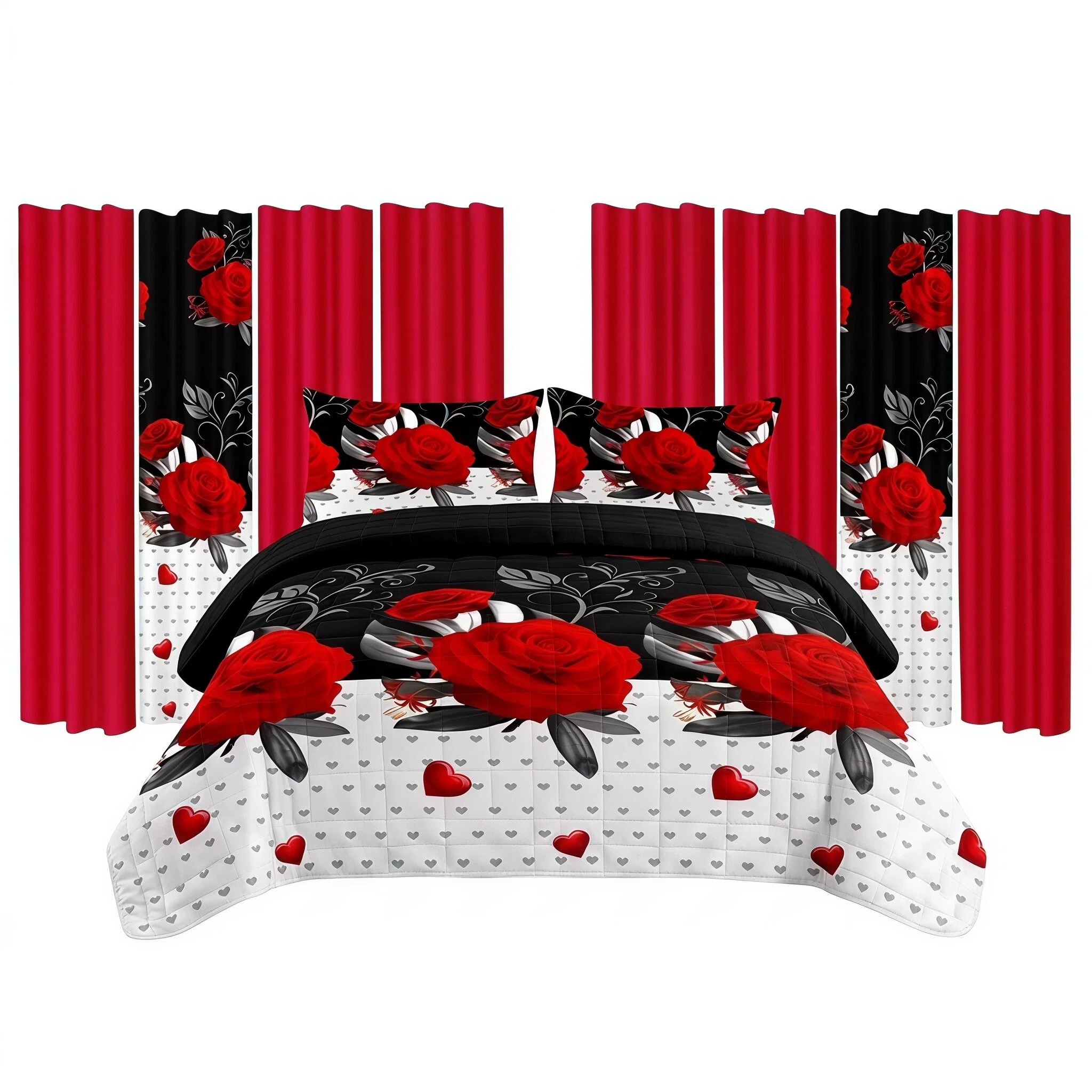 Ensemble literie 9 pcs rouge rose romantique rideau