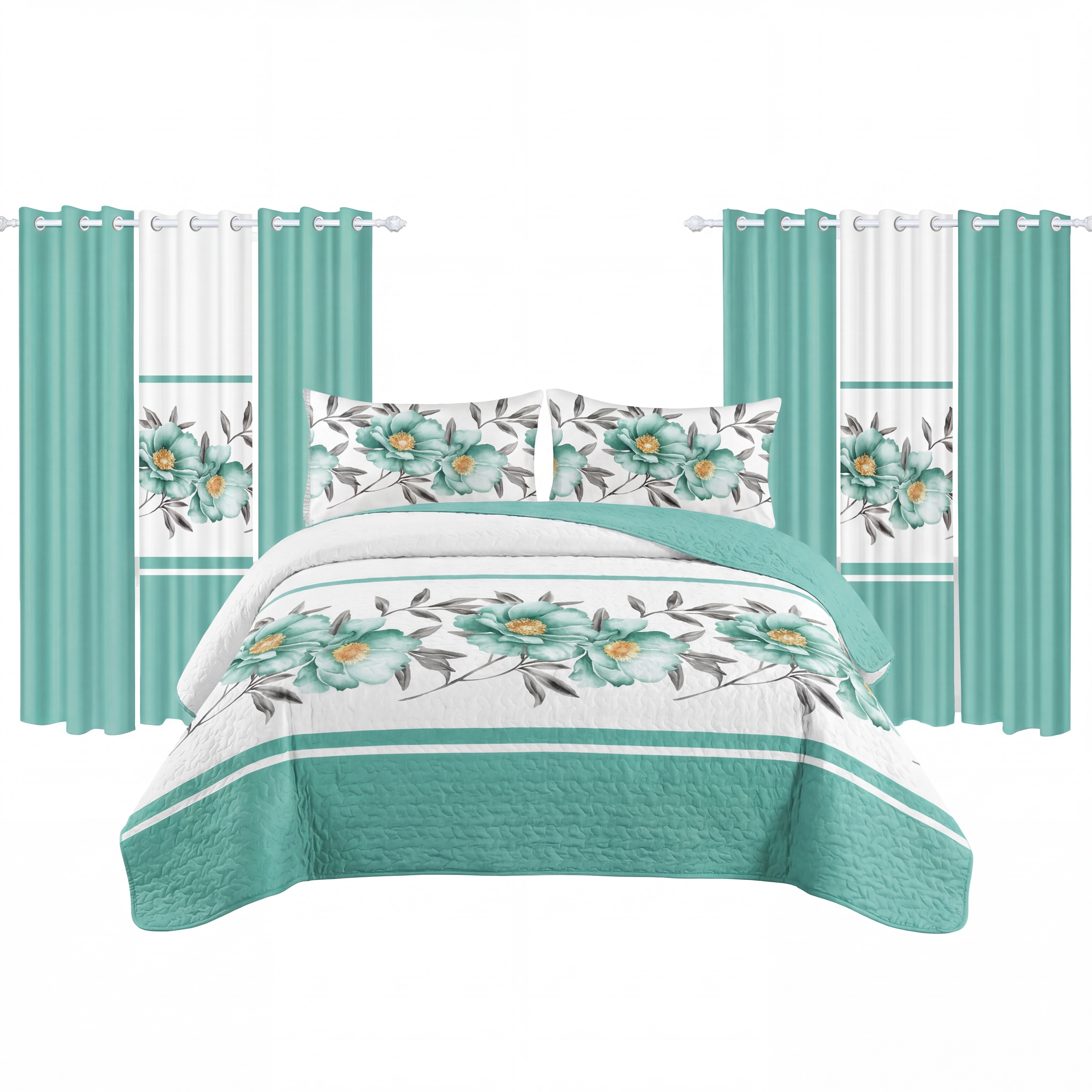 Ensemble literie 9 pcs teal botanique floral rideau