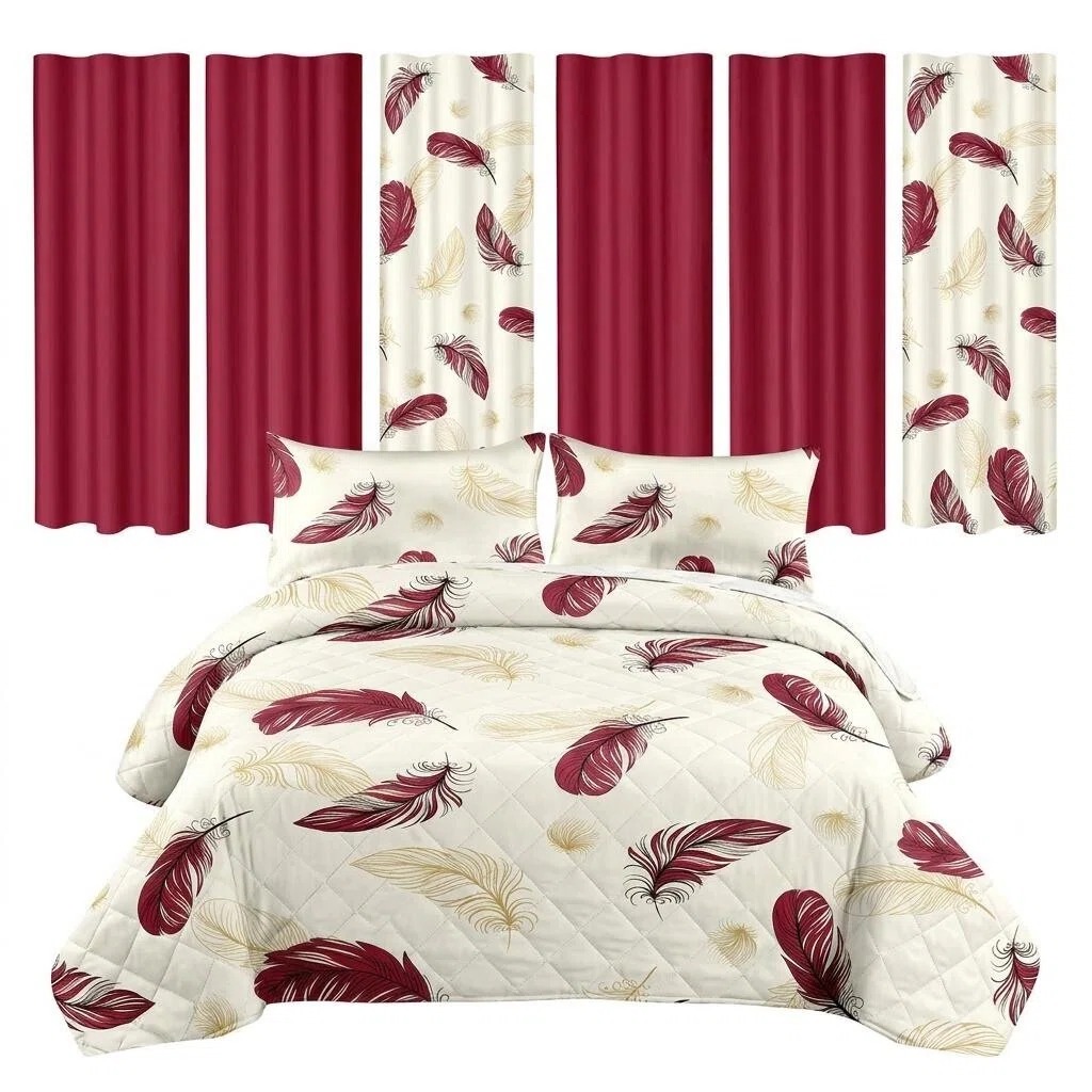 Ensemble literie 9 pcs bourgogne or plume boho rideau