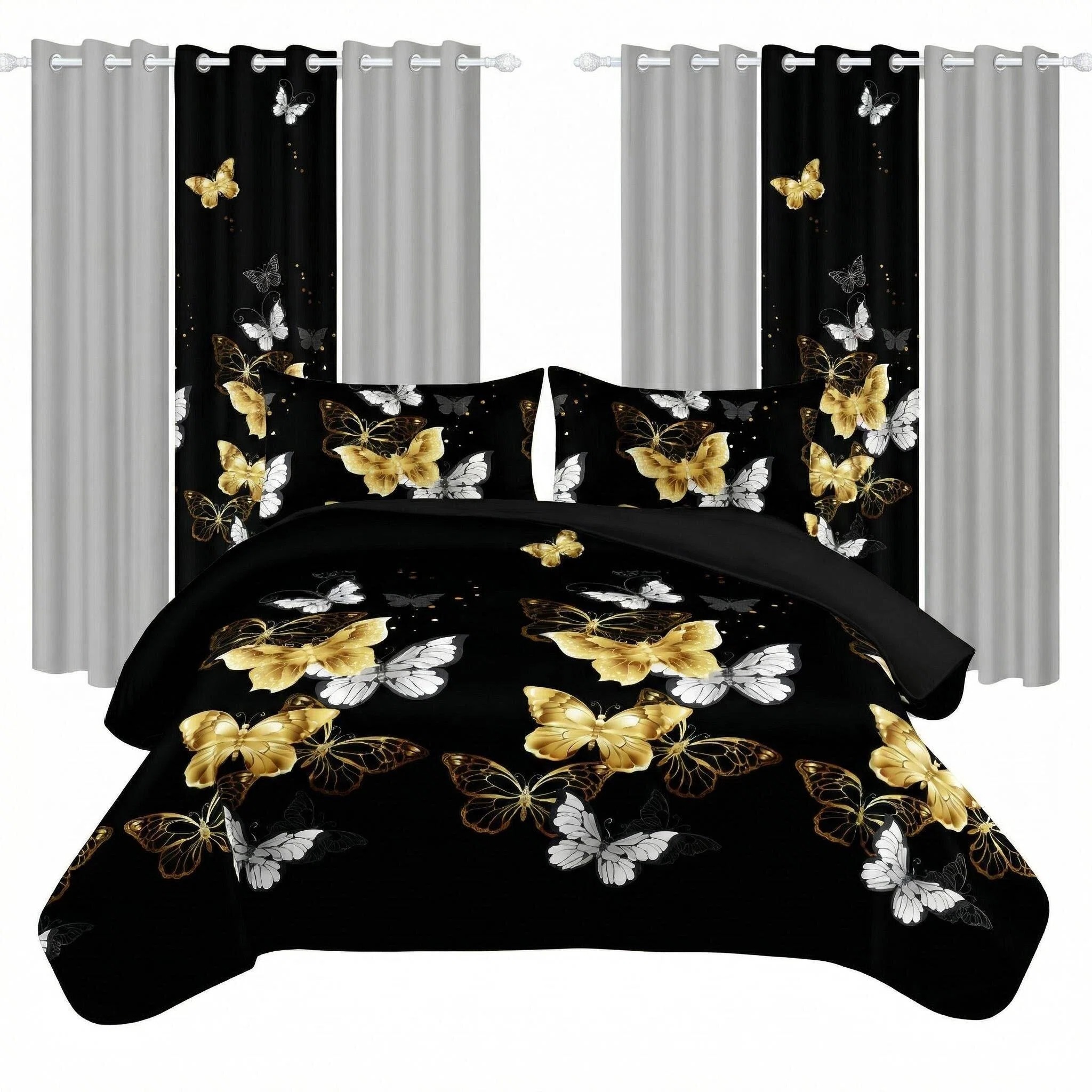 Ensemble literie 9 pcs noir or papillon rideau