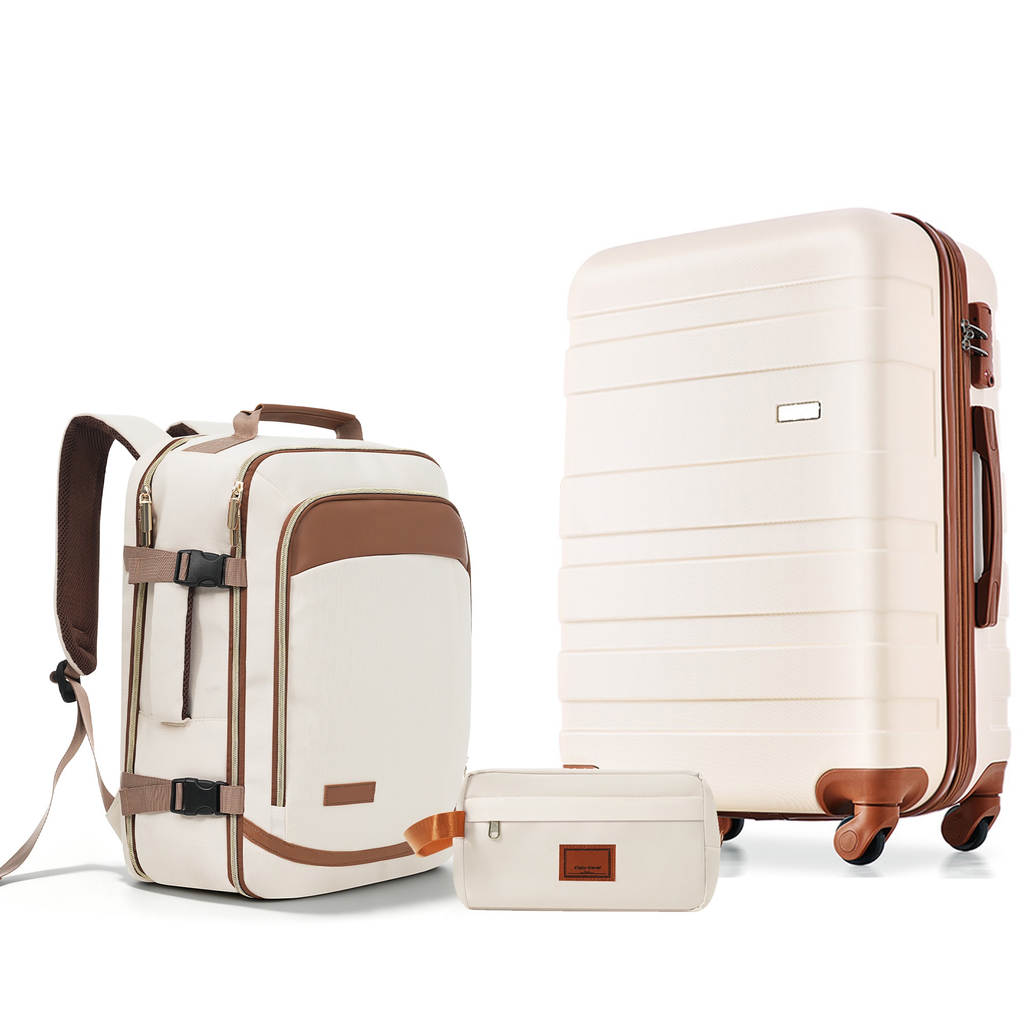 Ensemble 3 valises - Beige et brun avec serrure TSA
