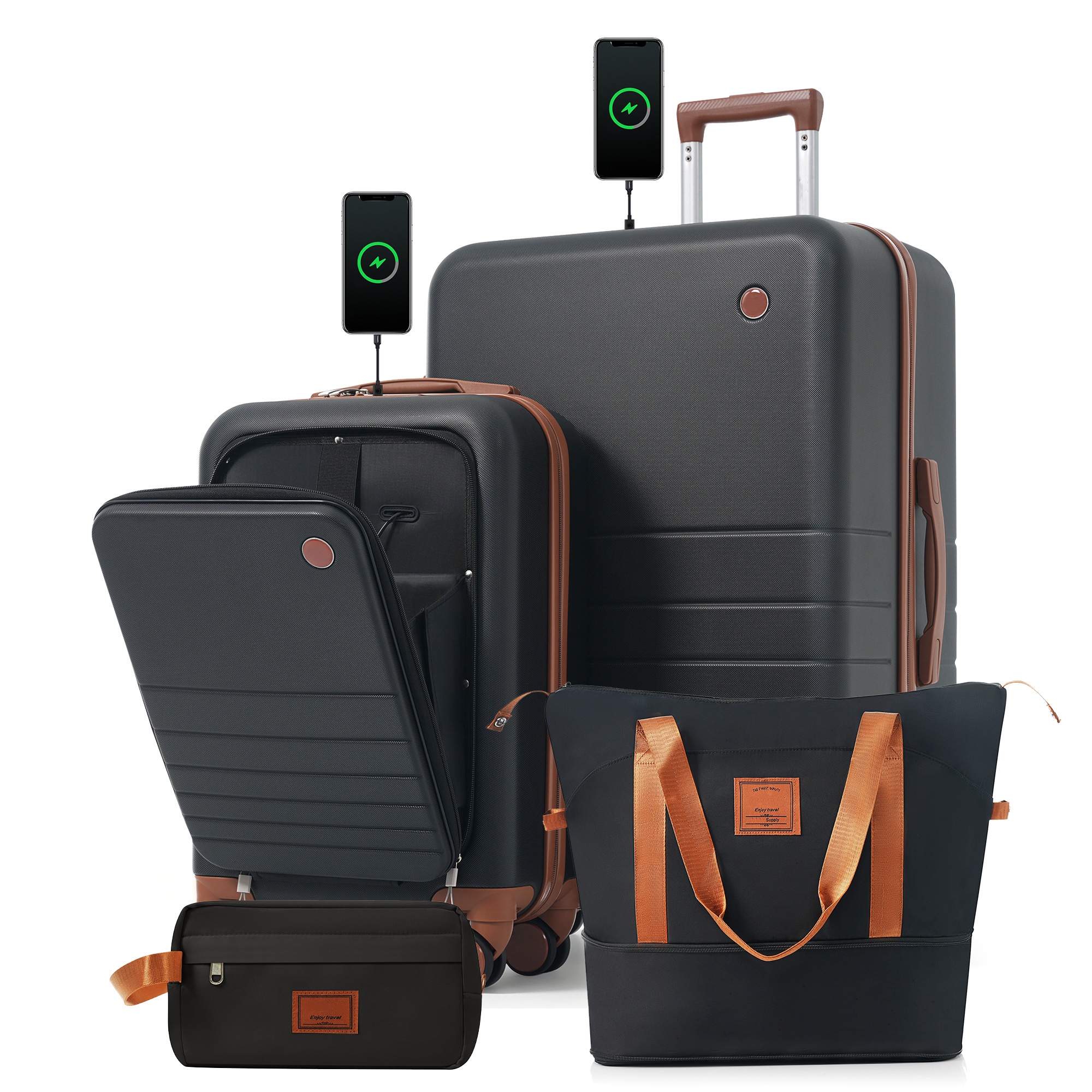Ensemble 4 bagages USB 20-28po noir-brun