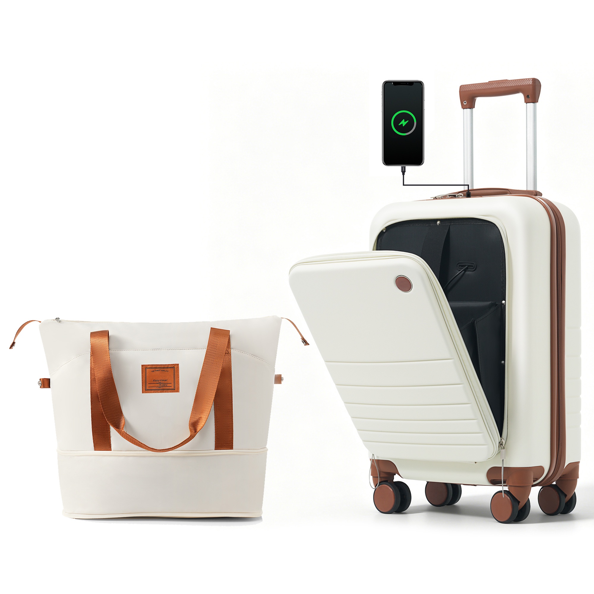 Valise cabine 20po ouverture avant expandable USB ivoire brun