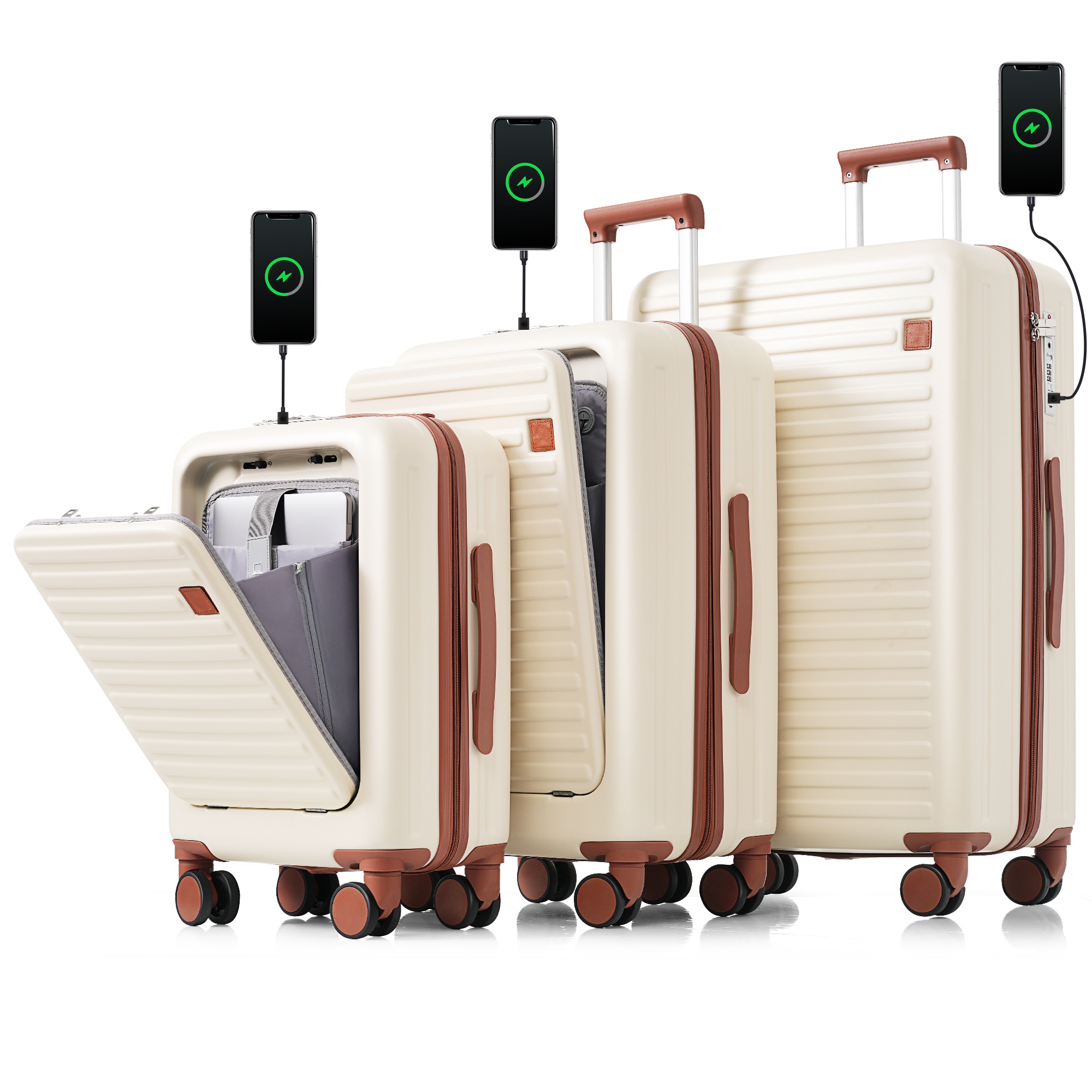 Ensemble bagages 3 pièces USB, 20-28 po ivoire brun
