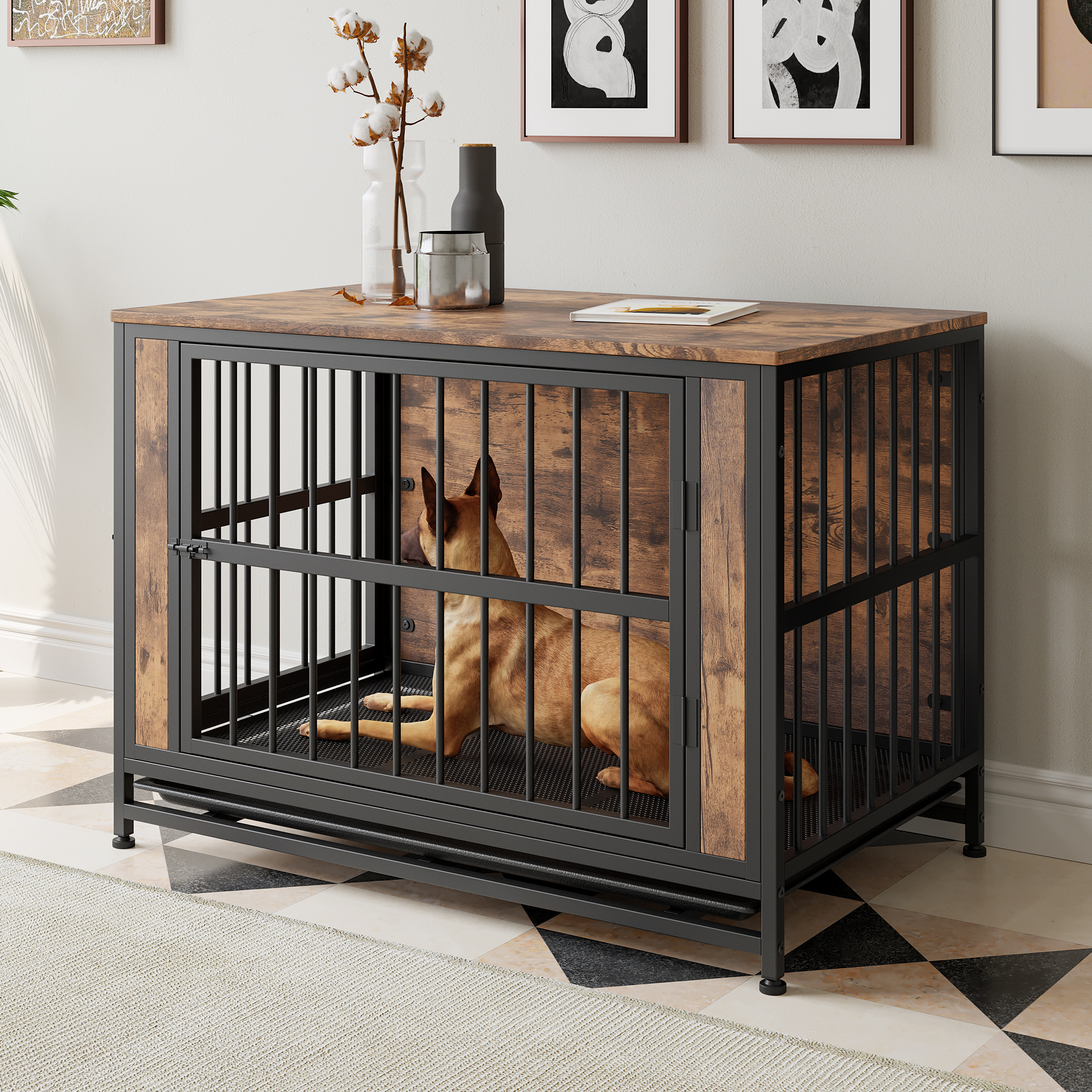Table caisse chien bois, 38,9po, 2 portes glissantes, brun rustique