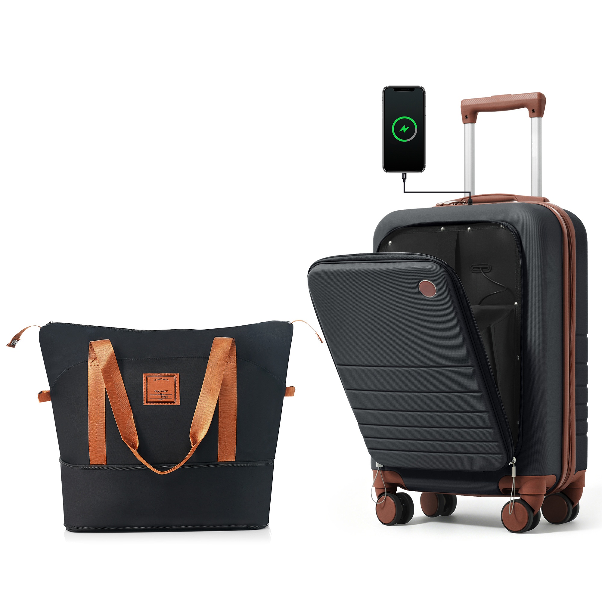 Valise cabine 20po ouverture avant expandable USB noir brun