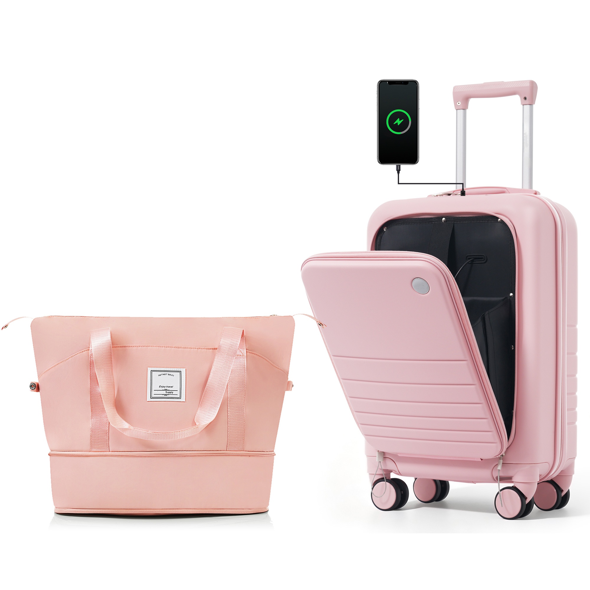 Bagage cabine 20po ouverture avant, ensemble 2 valises ABS rose