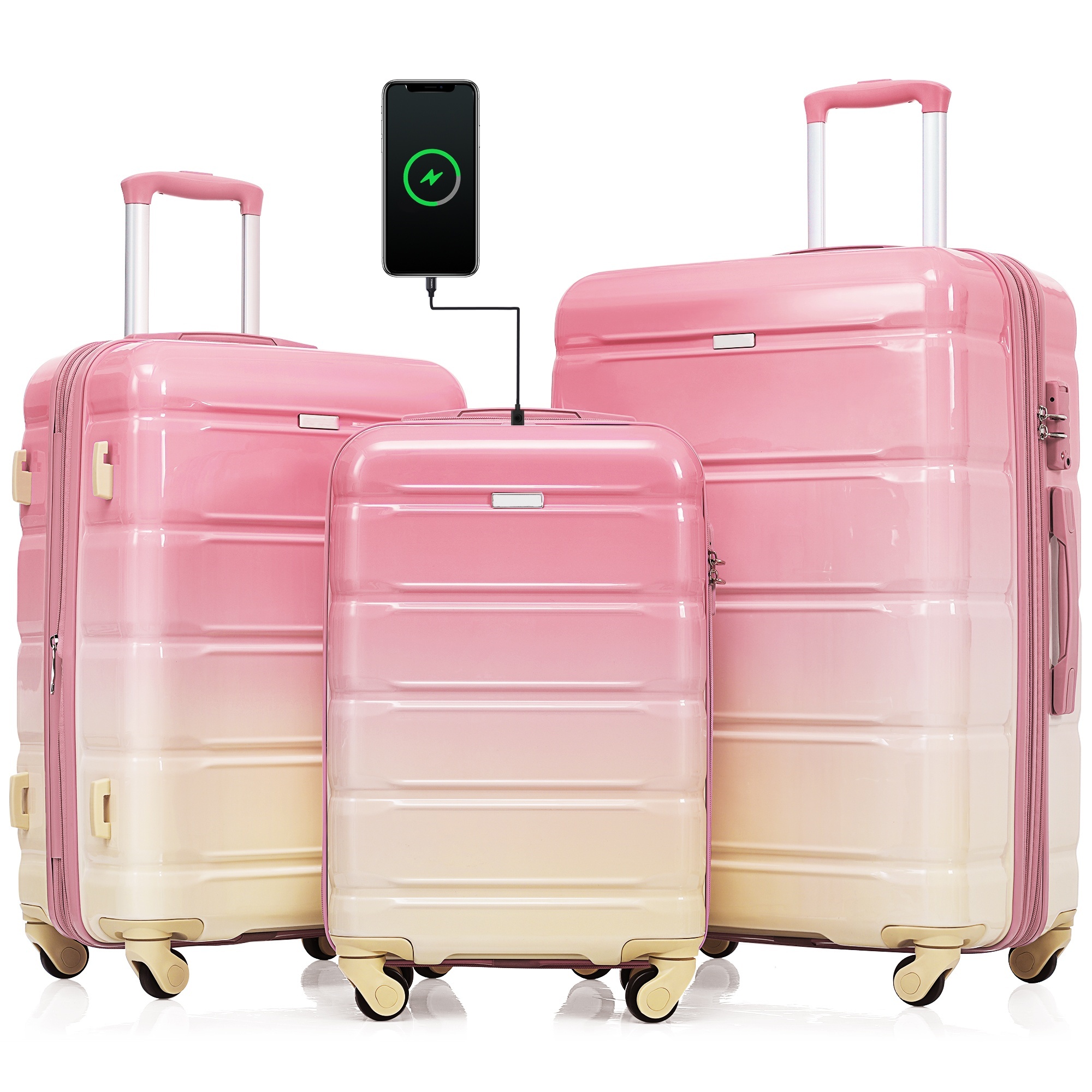 Ensemble 3 valises 20po USB rose roulettes