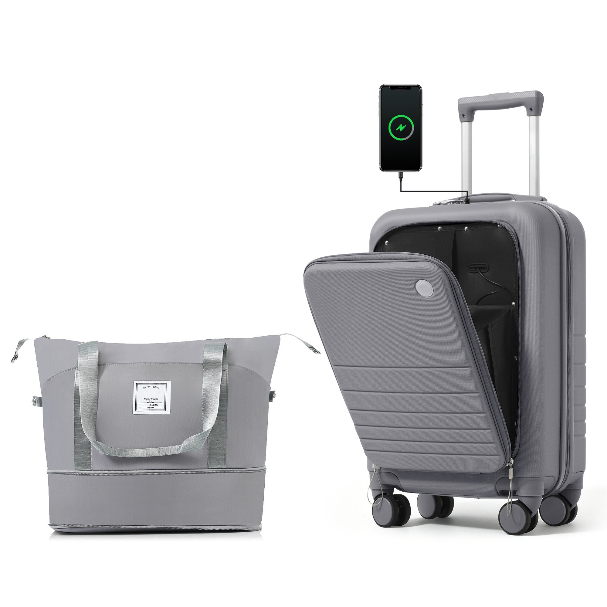 Bagage cabine 20po ouverture avant, ensemble 2 valises ABS gris