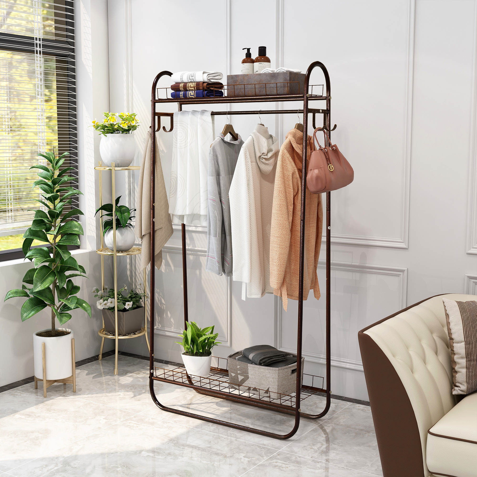 Portant vêtements métal roulant double tablettes