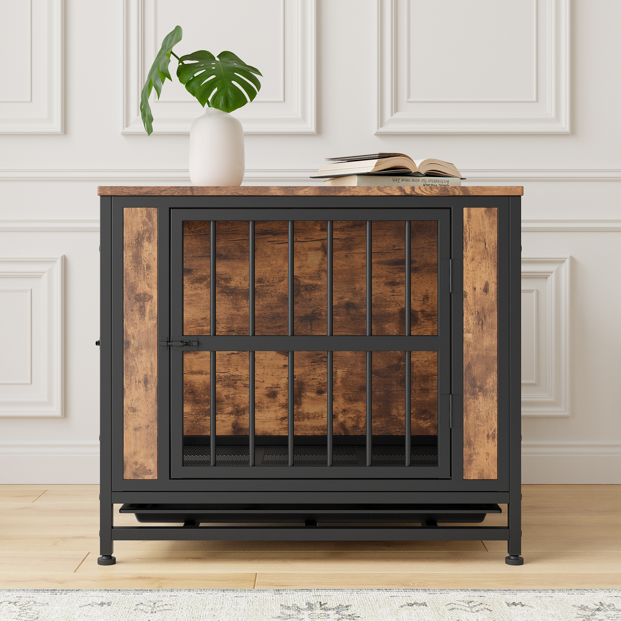 Cage chien meuble bois 27,48po, 2 portes coulissantes, cadre fer épais