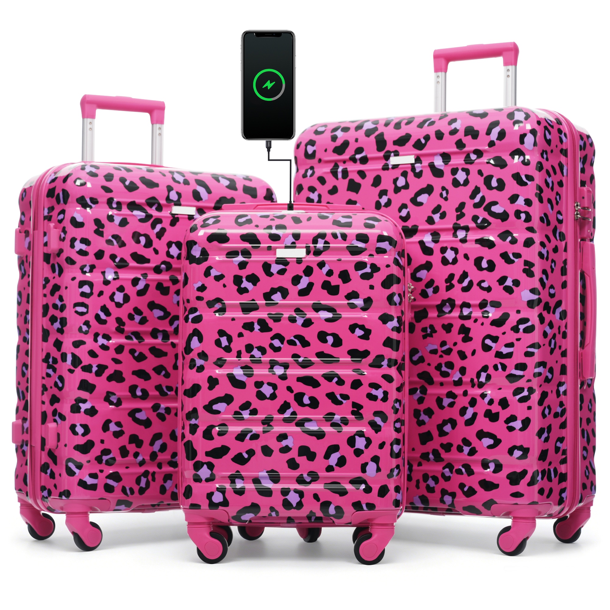 Ensemble 3 valises 20" USB coque ABS+PC motif léopard