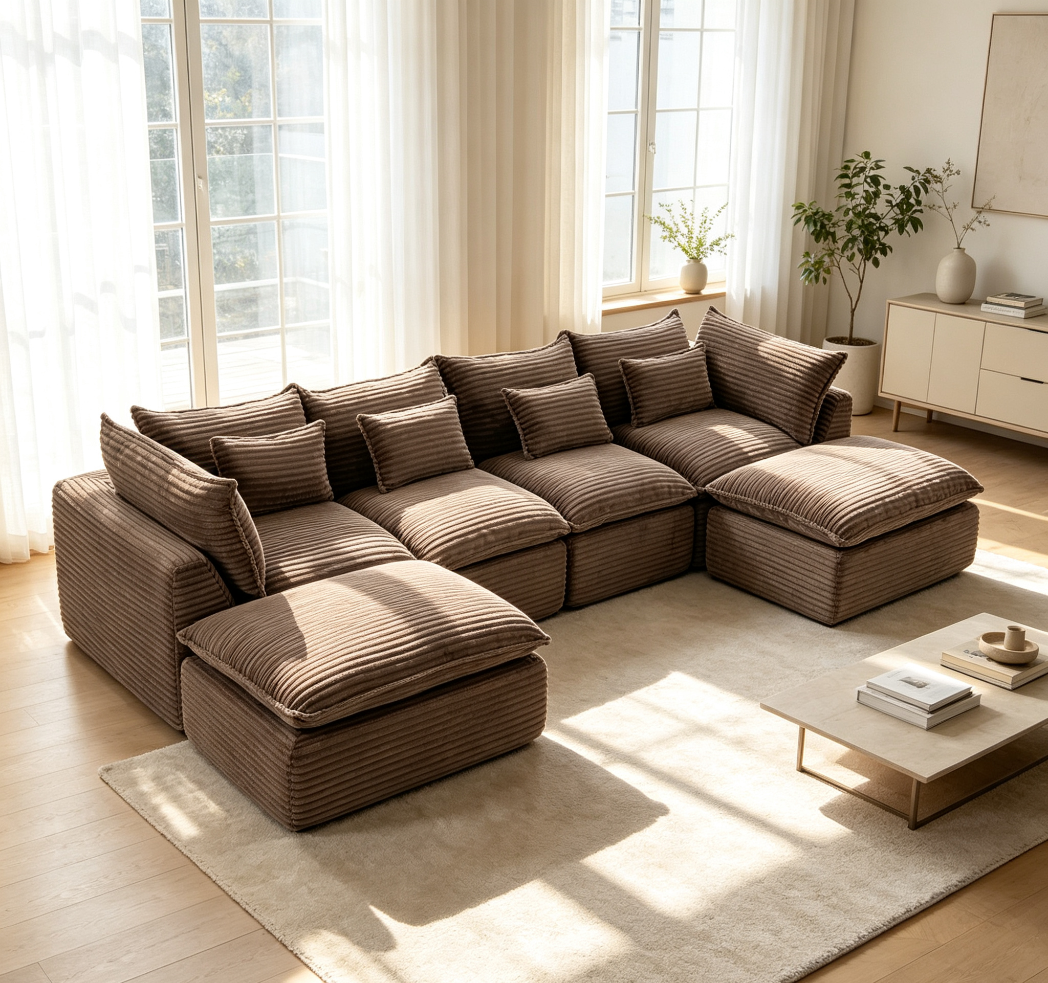 Causeuse nuage 129.8po modulaire 4 places 2 pouf corduroy