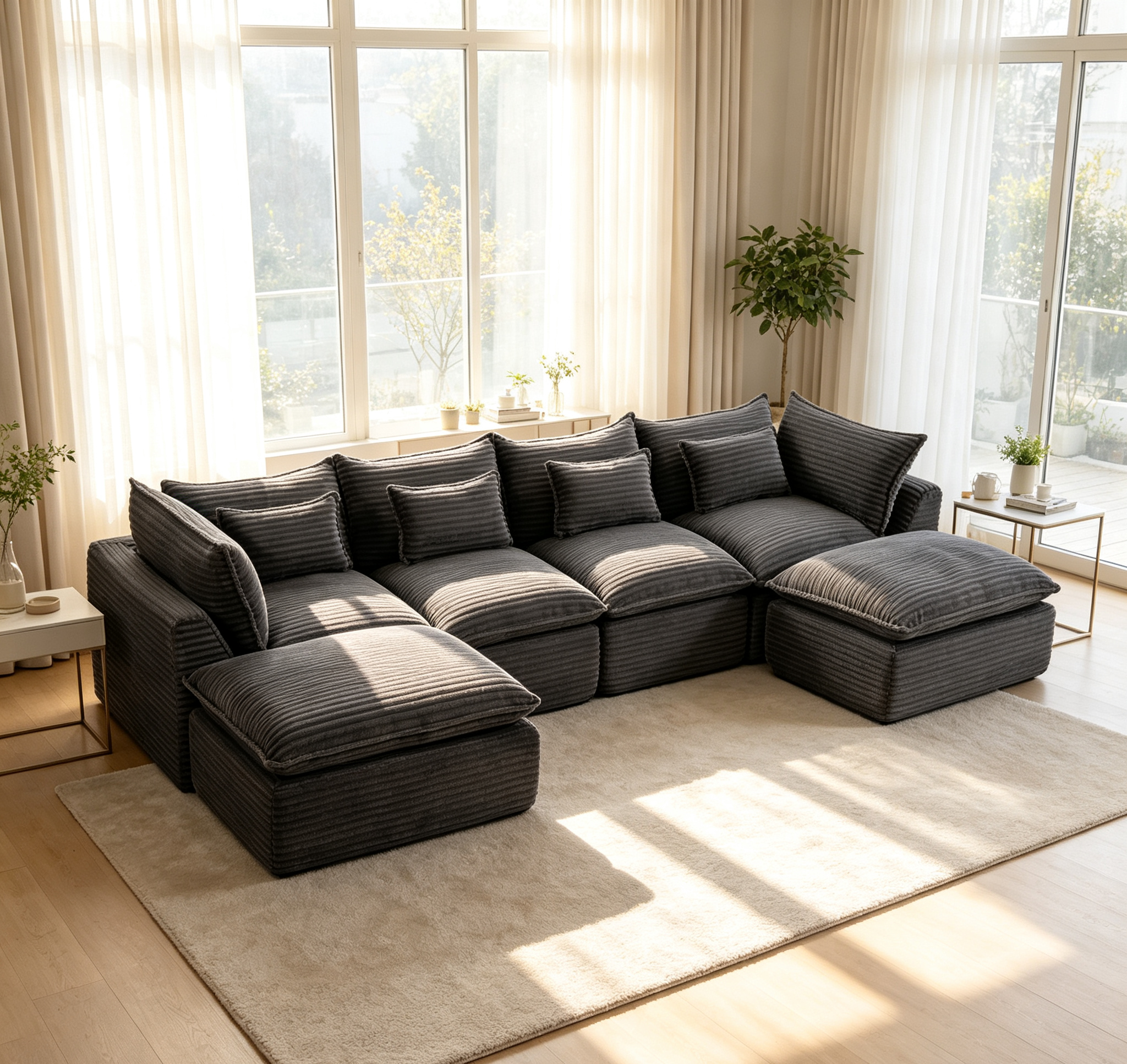 Canapé modulaire géant 129.8po nuage Corduroy gris, 4 places 2 ottom.