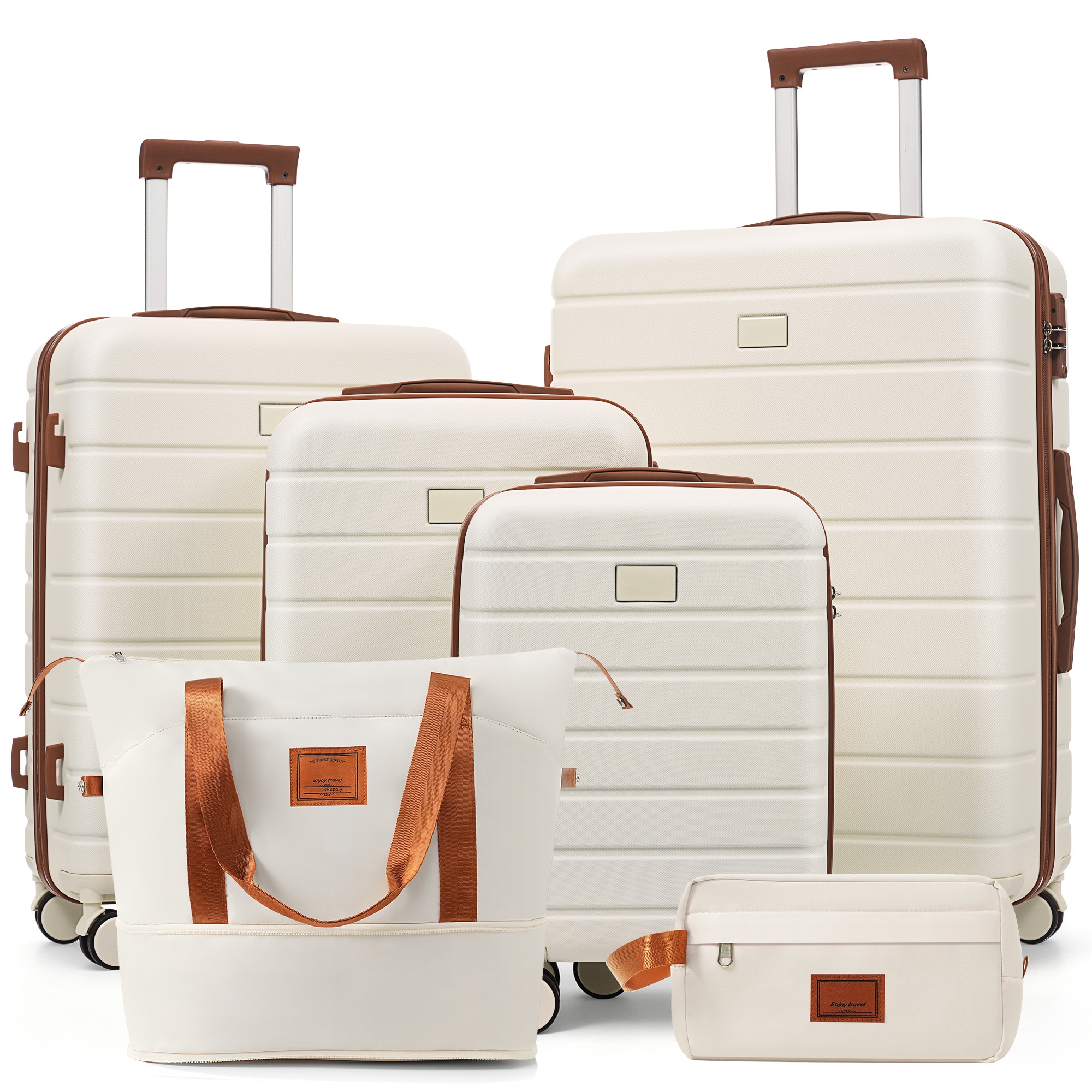Ensemble bagages 6pcs TSA, 16-28po, ivoire/brun
