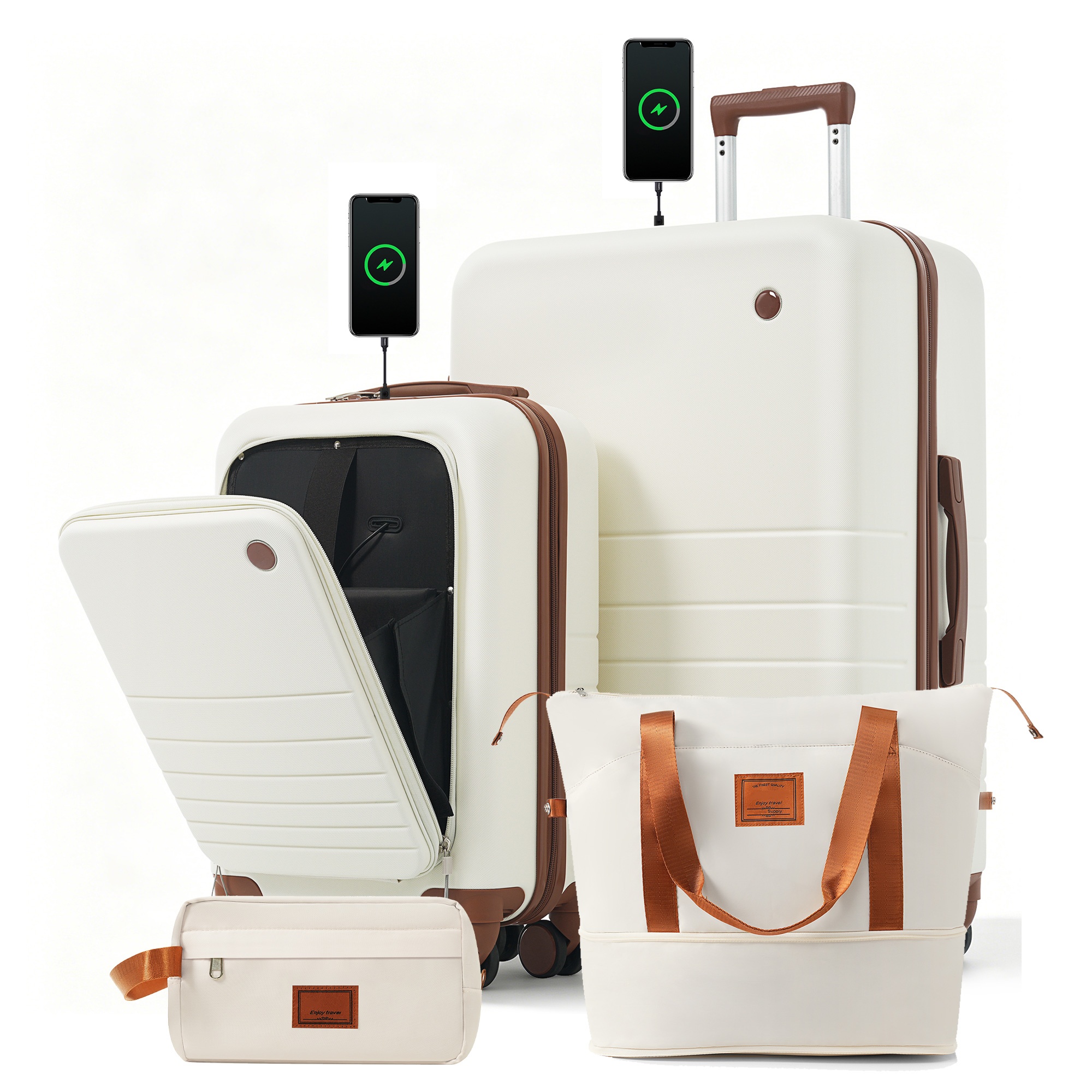 Ensemble 4 bagages USB 20-28po ivoire-brun