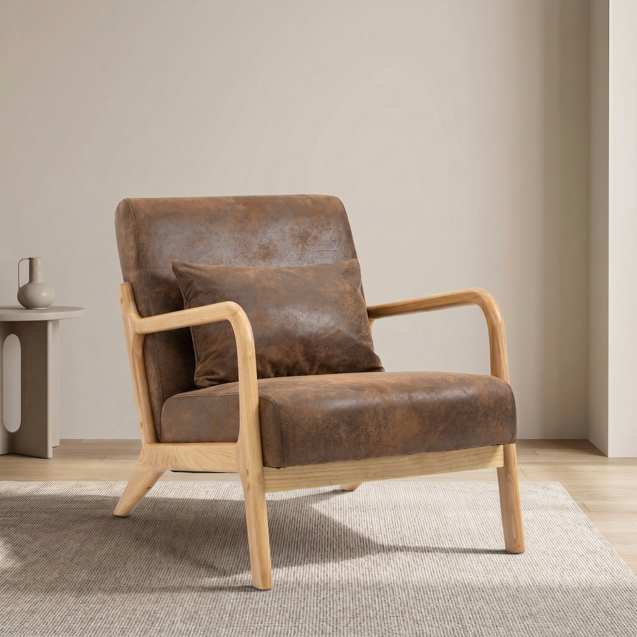 Fauteuil accent mid-century moderne avec cadre bois rembourré