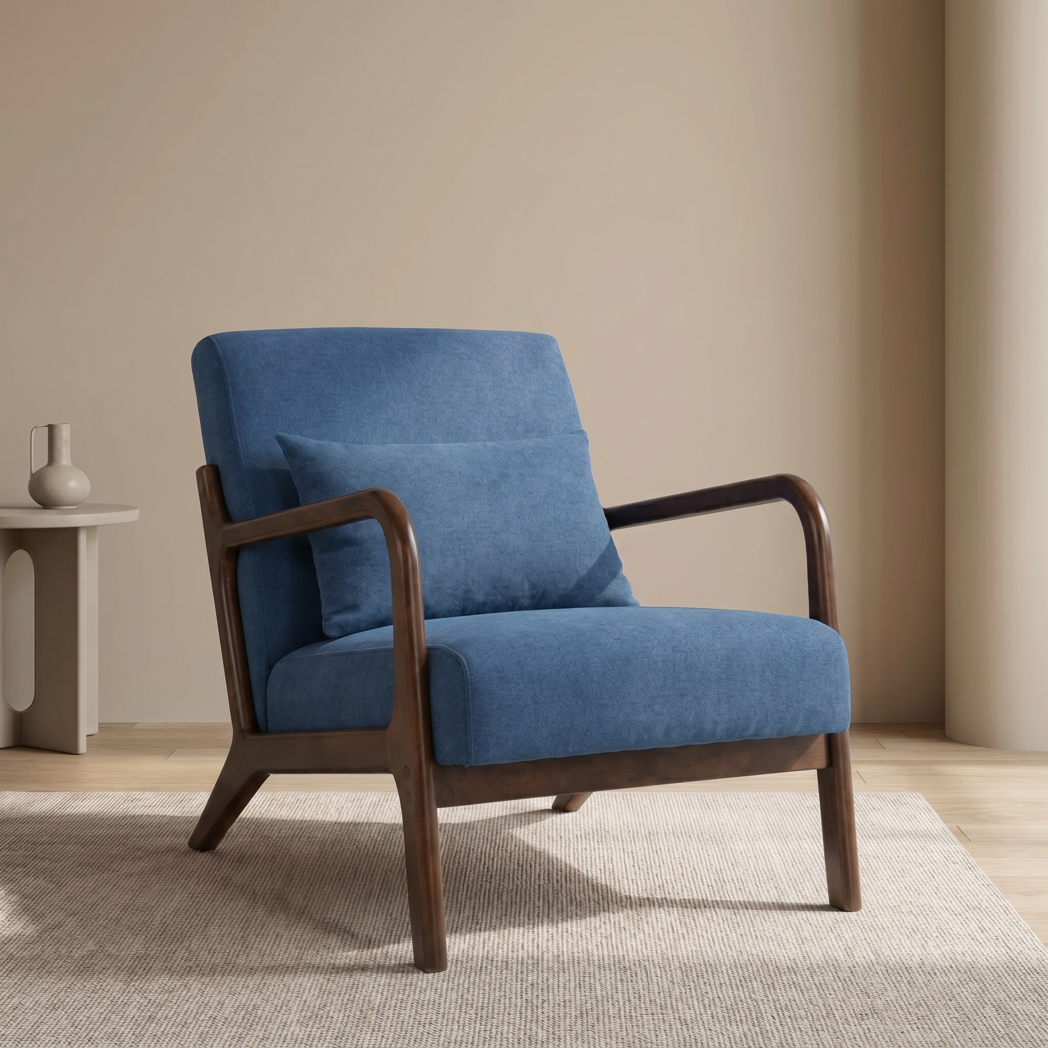 Fauteuil accent mi-siècle cadre bois coussin lombaire chambre salon