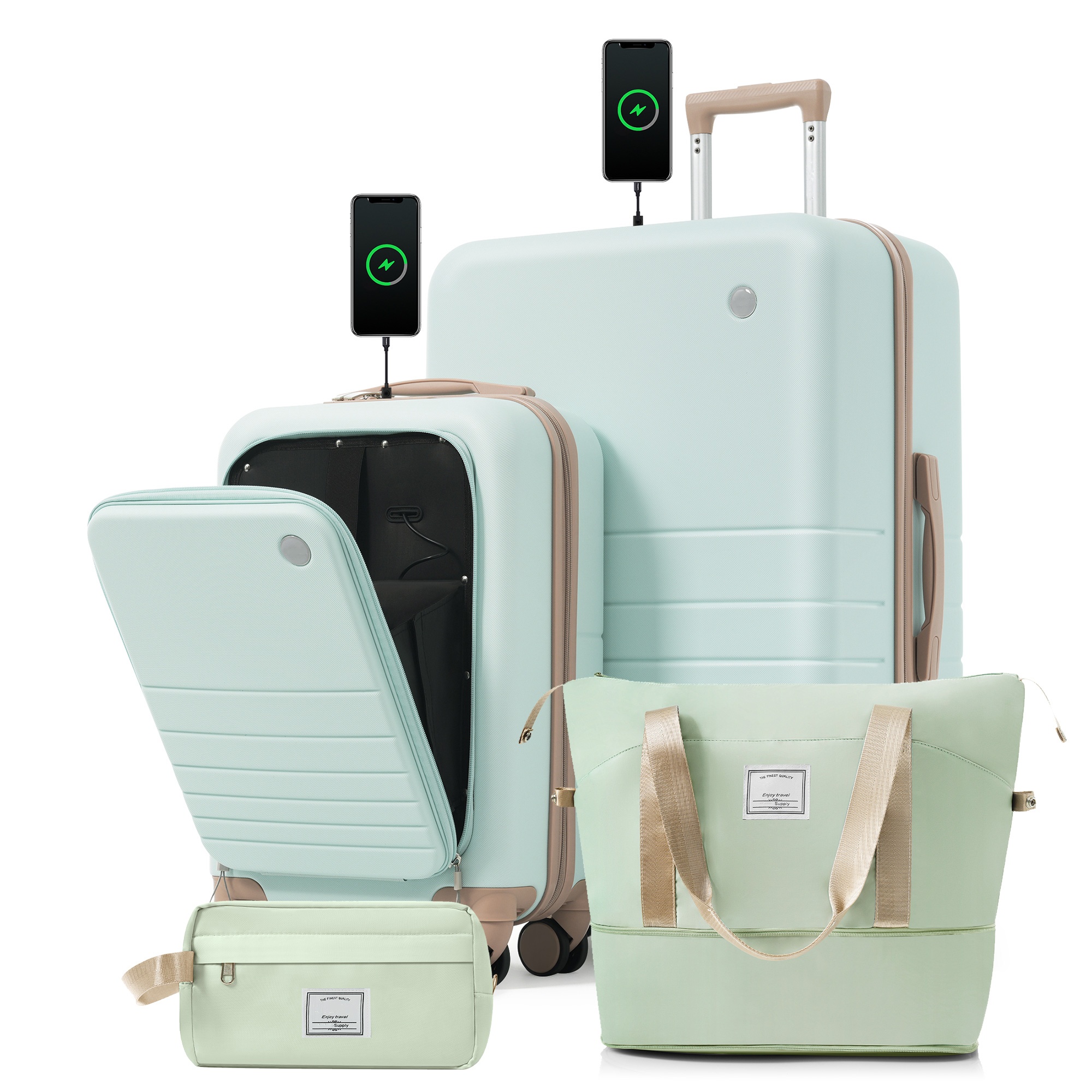 Ensemble 4 valises USB 20po/28po + sac TSA gris-vert