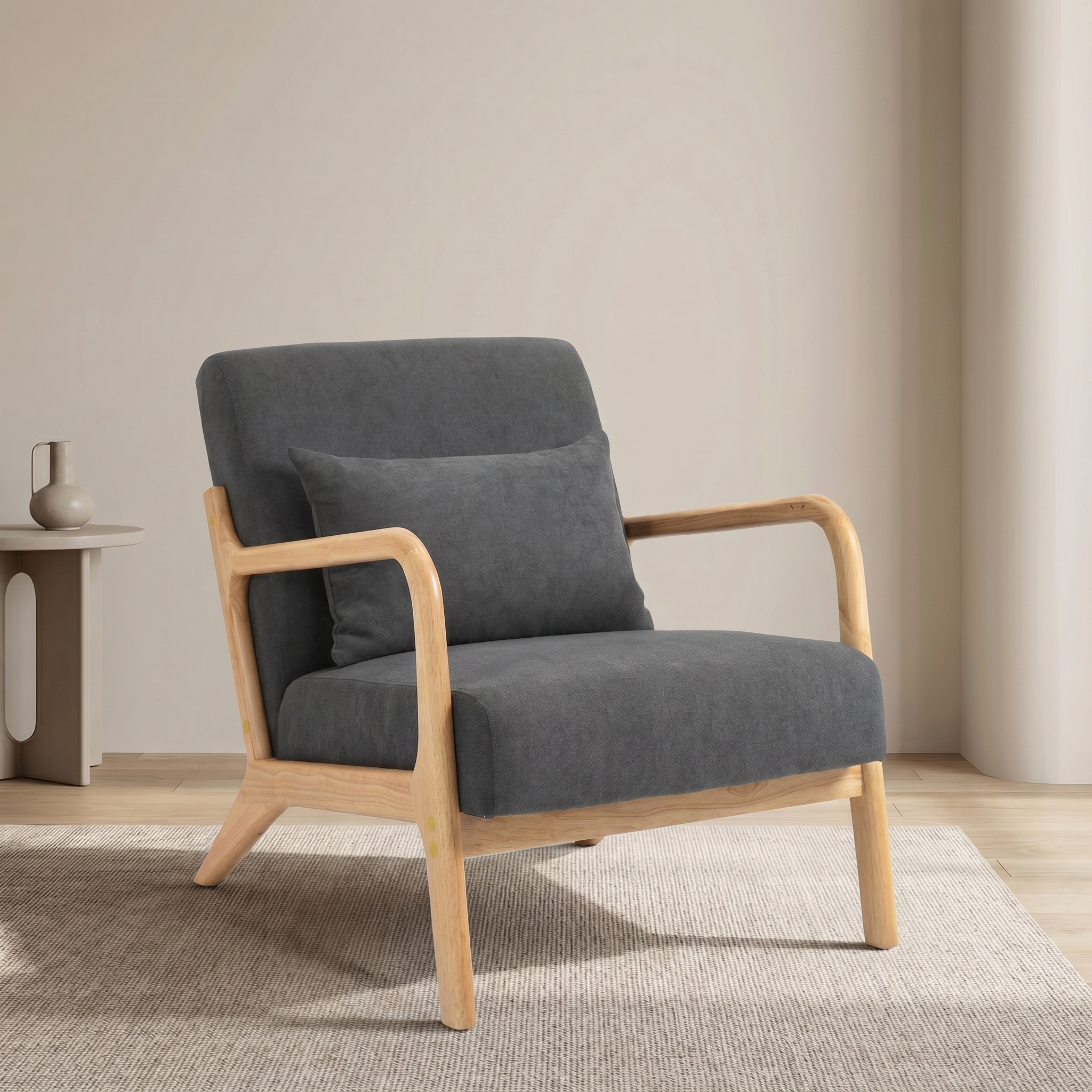 Fauteuil mid-century, cadre bois, coussin lombal