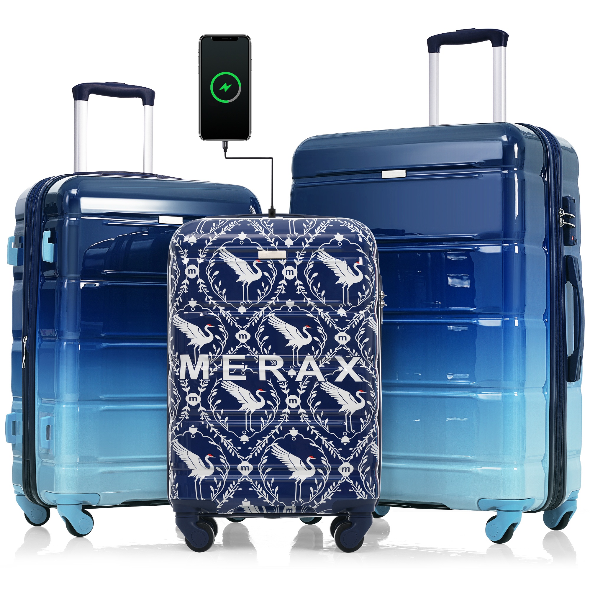 Ensemble bagages 3pcs 20po, port USB, coquille dur indigo