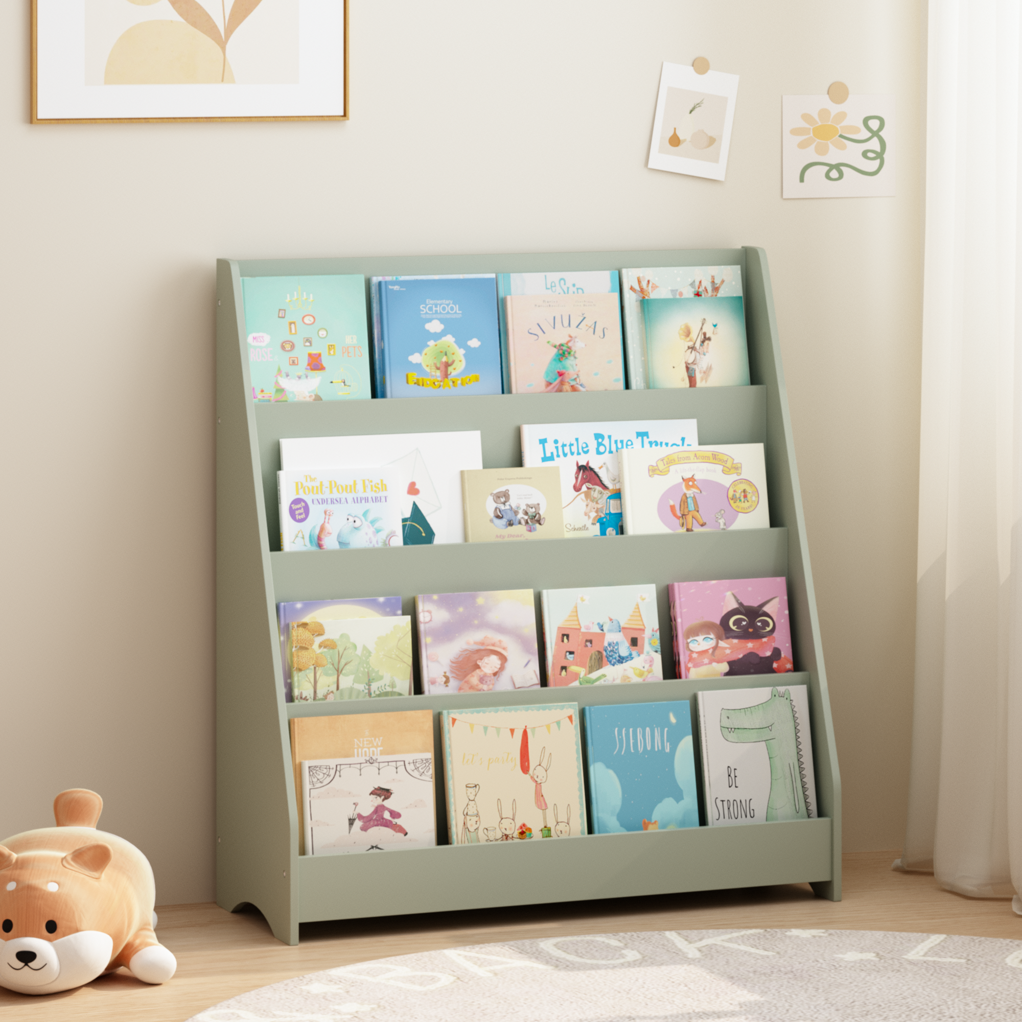 Bibliothèque 4 étages enfants, sauge, MDF, rangement organisé