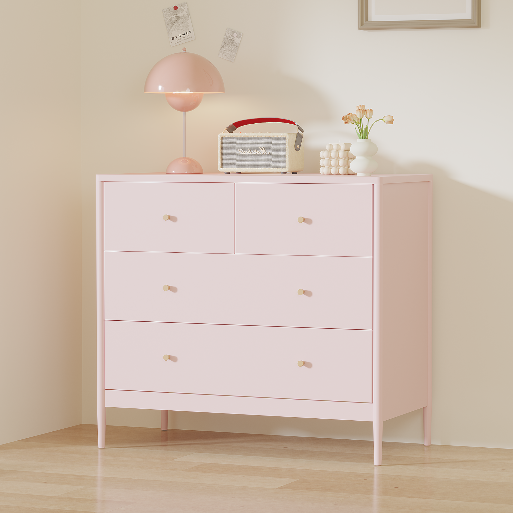 Commode enfants rose 4 tiroirs bois chambre 35,4 po large