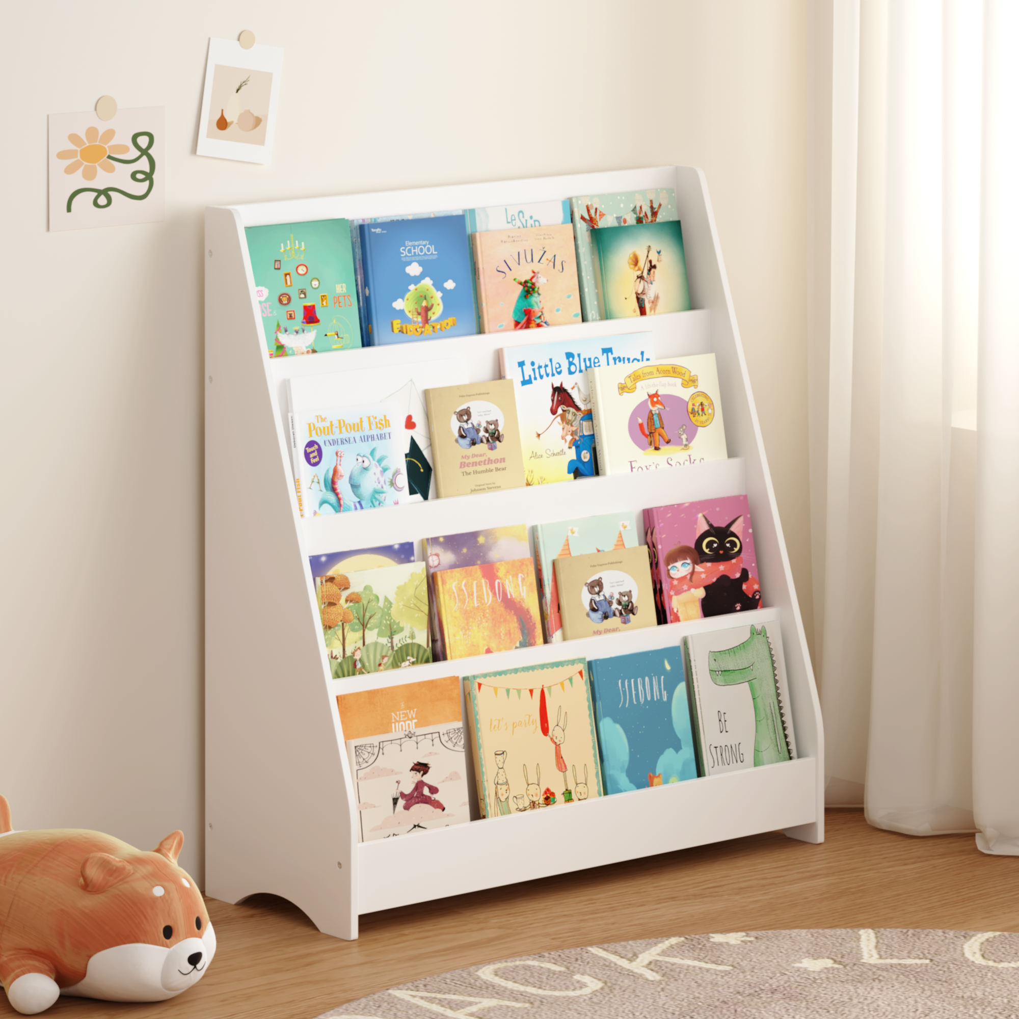Bibliothèque enfants 4 étages MDF blanc rangement jouets