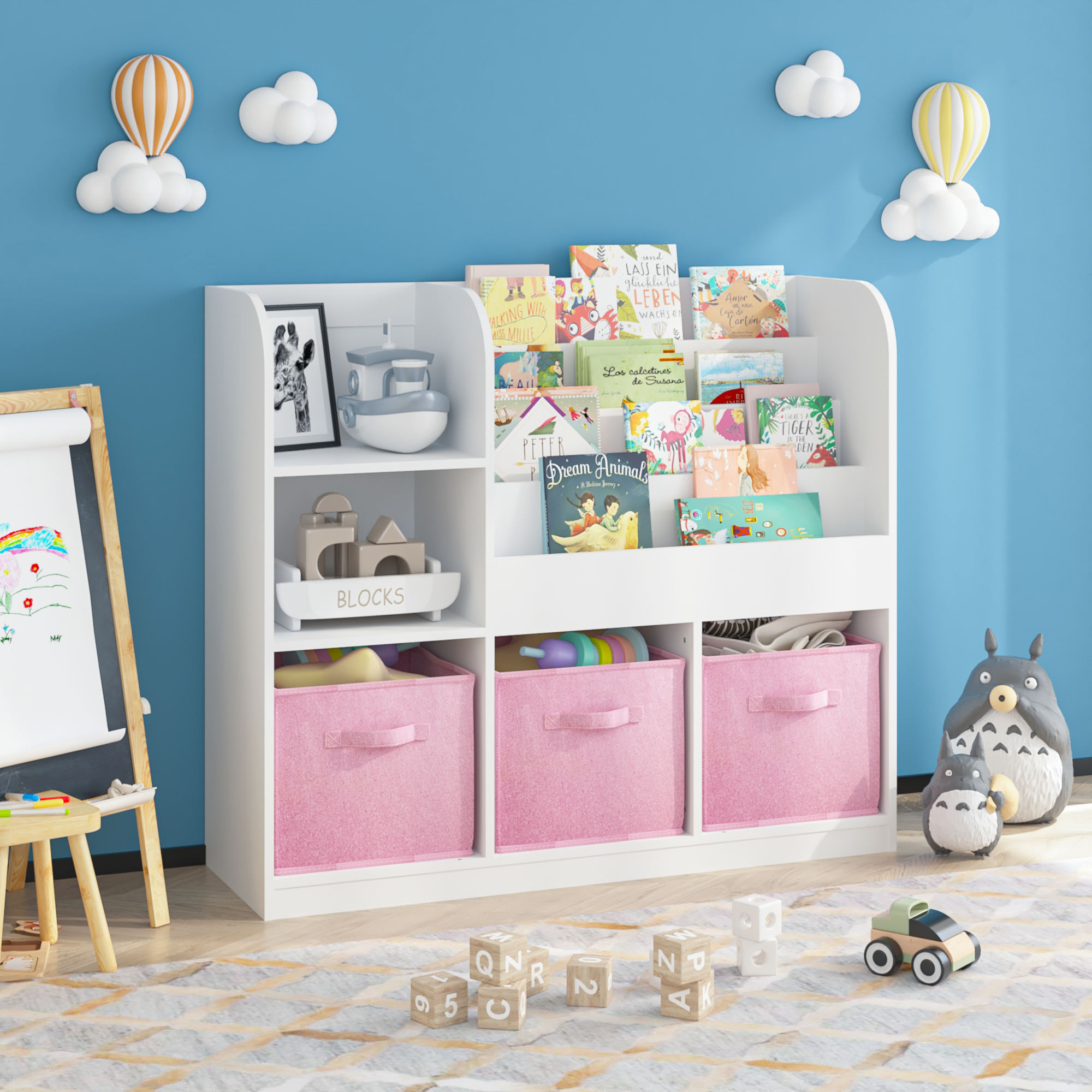 Bibliothèque enfants blanc/rose, 3 tiroirs tissu, rangement