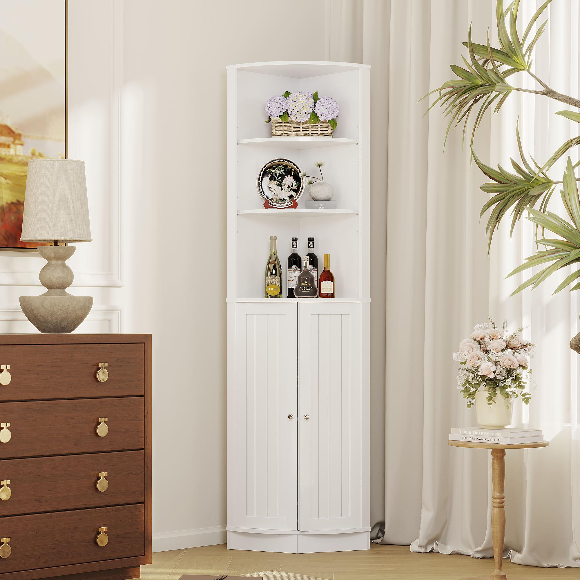 Armoire coin 67" 2 portes, rayons ajustables, blanc