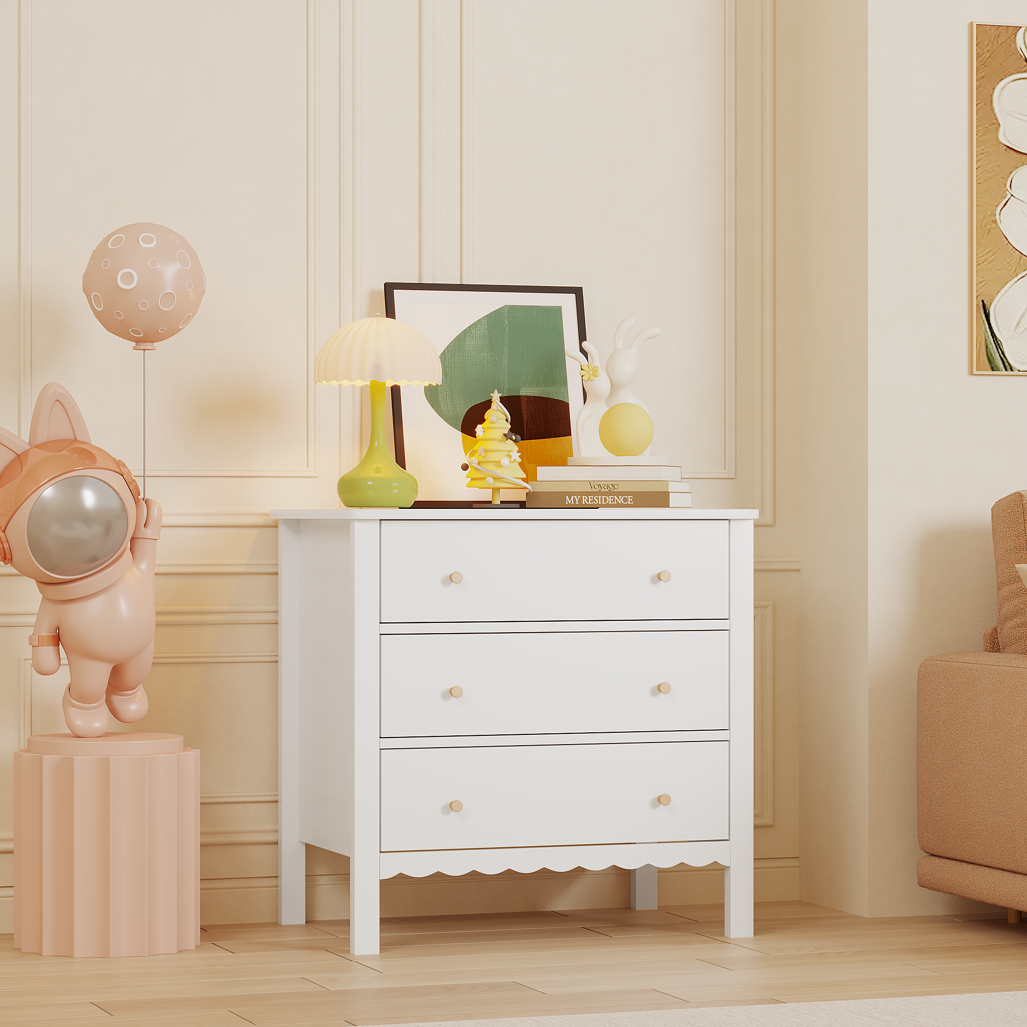 Commode blanche 3 tiroirs MDF, poignées dorées, rangement enfants