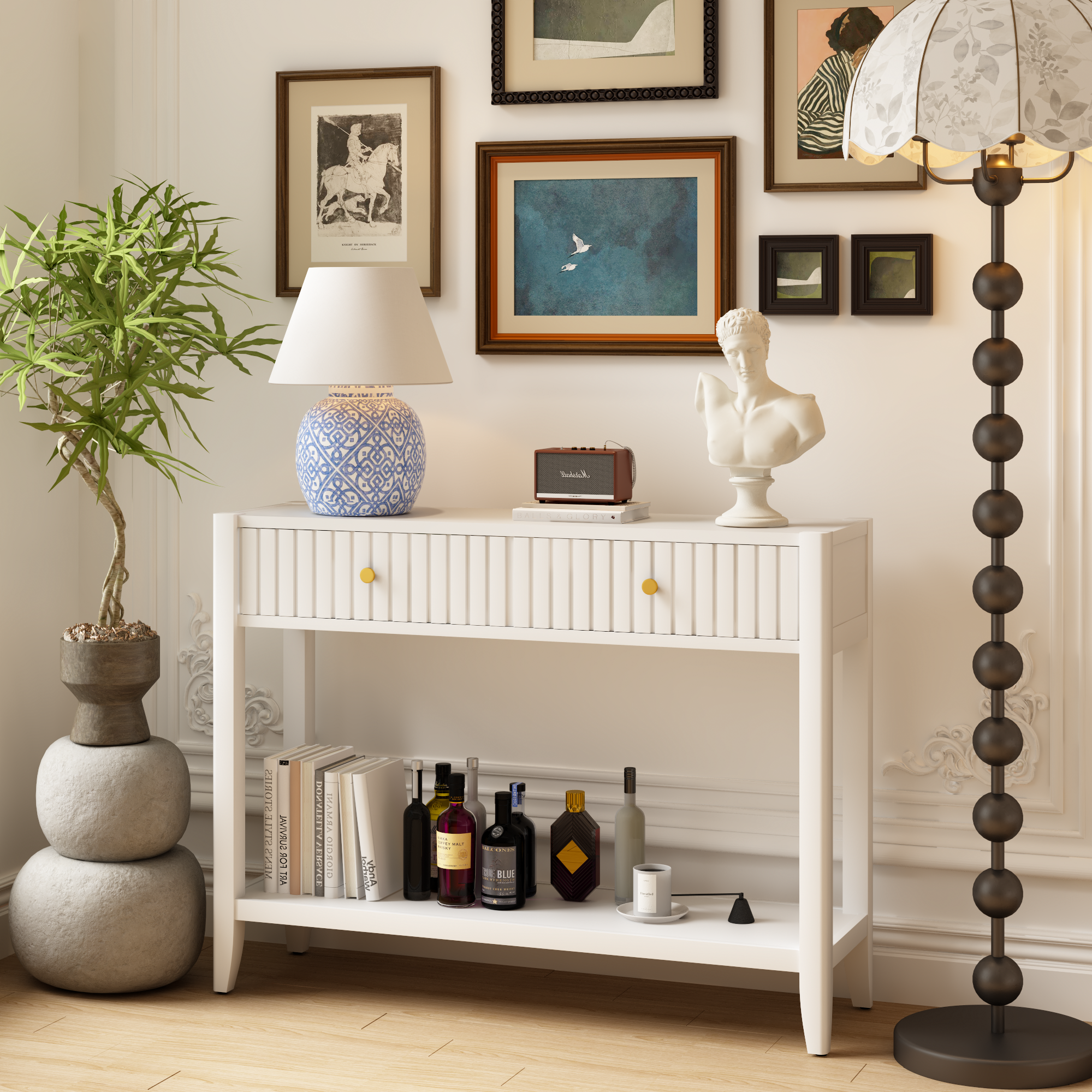 Table console 29.53" tiroirs, table d'appoint bois blanc rangement