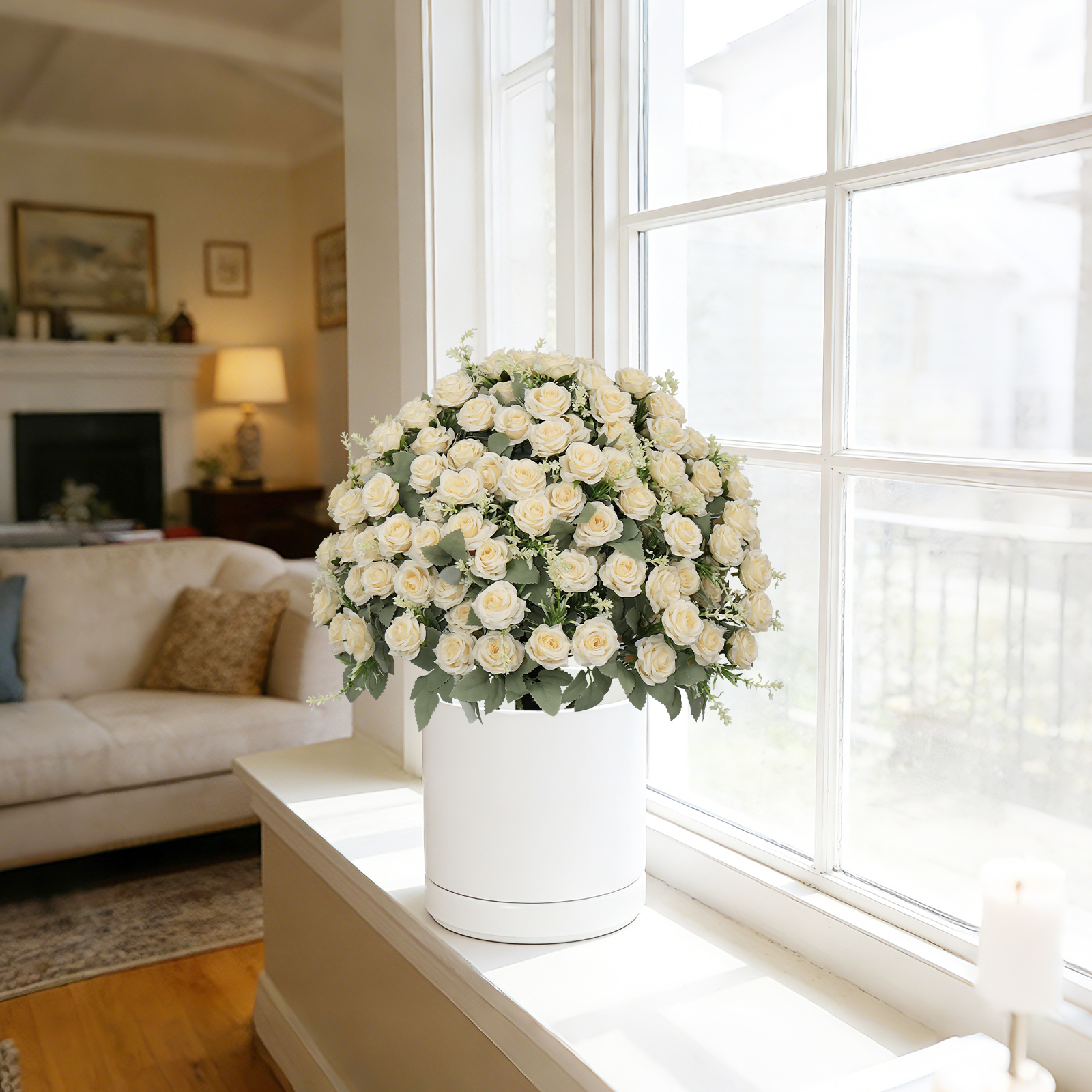 Fleurs roses artificielles 24po UV résistant blanc 2 pots